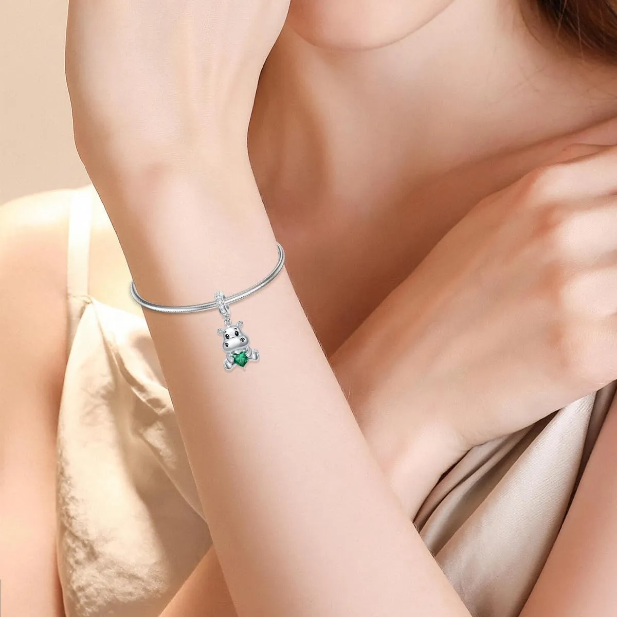 ROMANTICWORK Ciondolo Ippopotamo in Argento Sterling 925 con Pietra Portafortuna per Braccialetti - immagine 3
