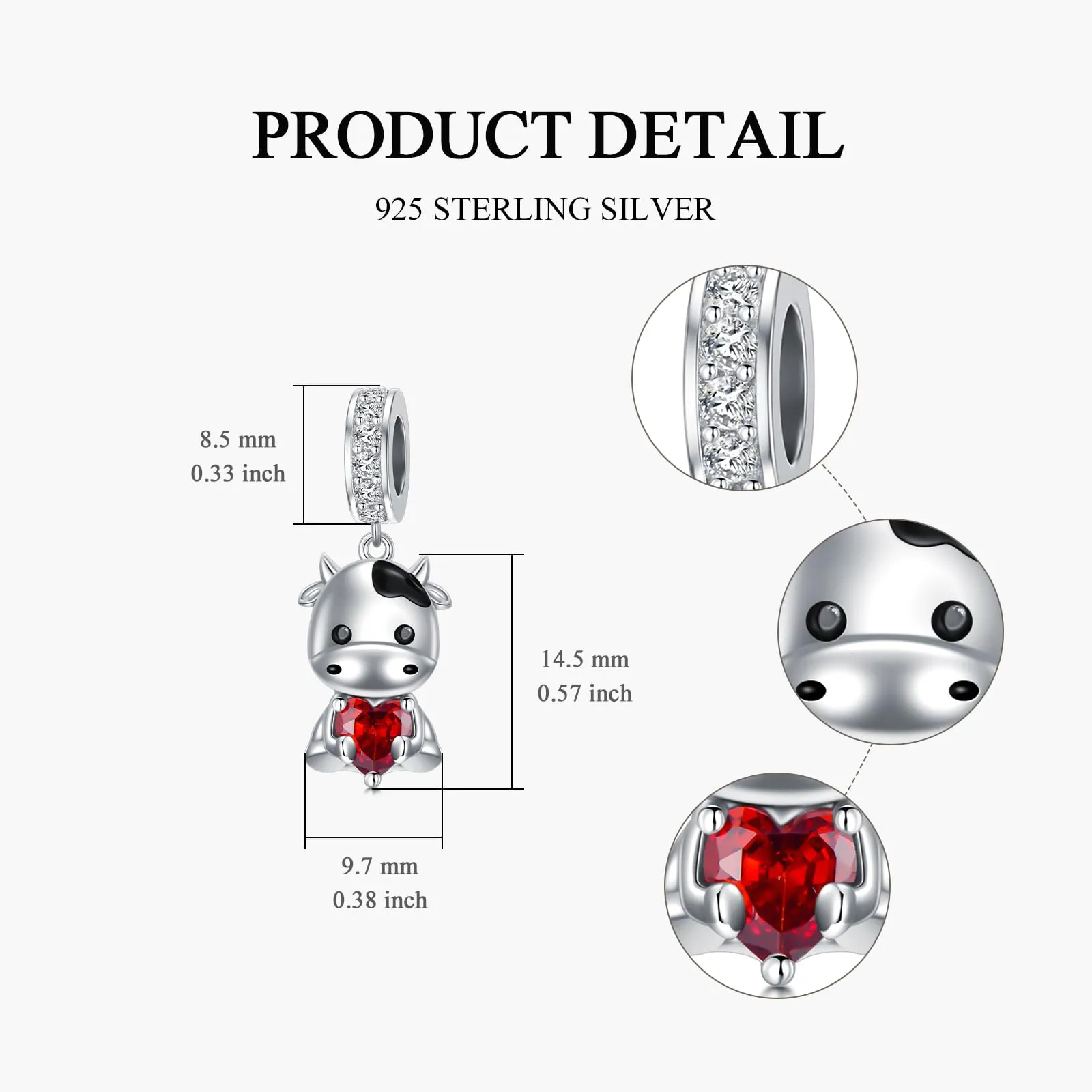 ROMANTICWORK Ciondolo a forma di mucca in argento Sterling 925 con pietra portafortuna, 9,7 x 14,5 mm - immagine 4