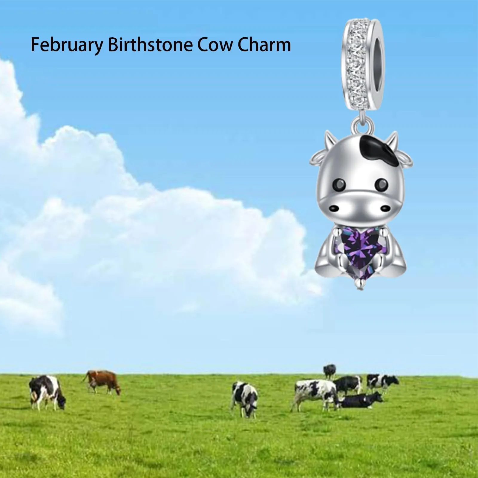 ROMANTICWORK Ciondolo a forma di mucca in argento Sterling 925 con pietra portafortuna, 9.7 x 14.5 mm - immagine 3