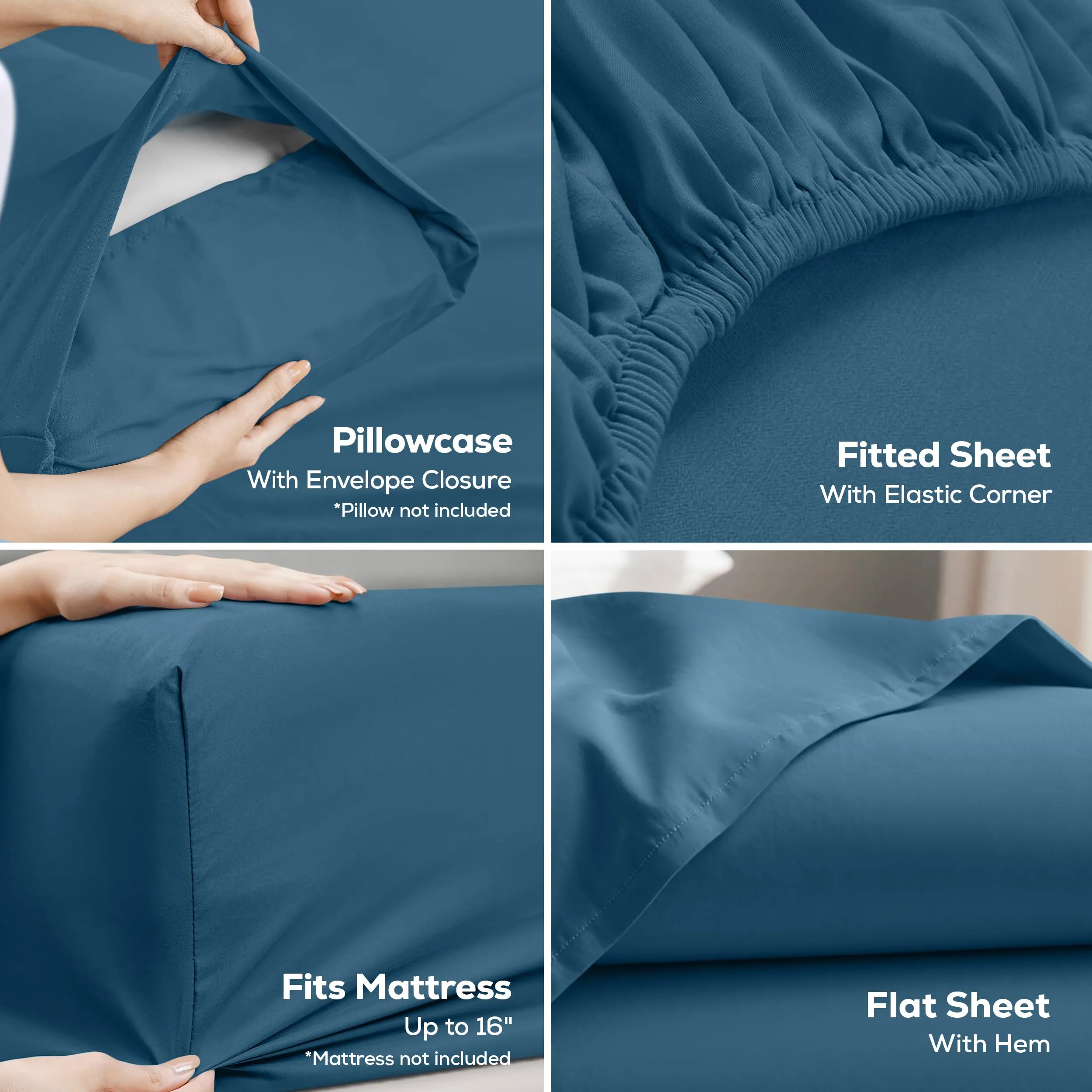 Utopia Bedding Set di Lenzuola in Microfibra Spazzolata, 4 Pezzi, Matrimoniale, Blu Crepuscolo - immagine 3