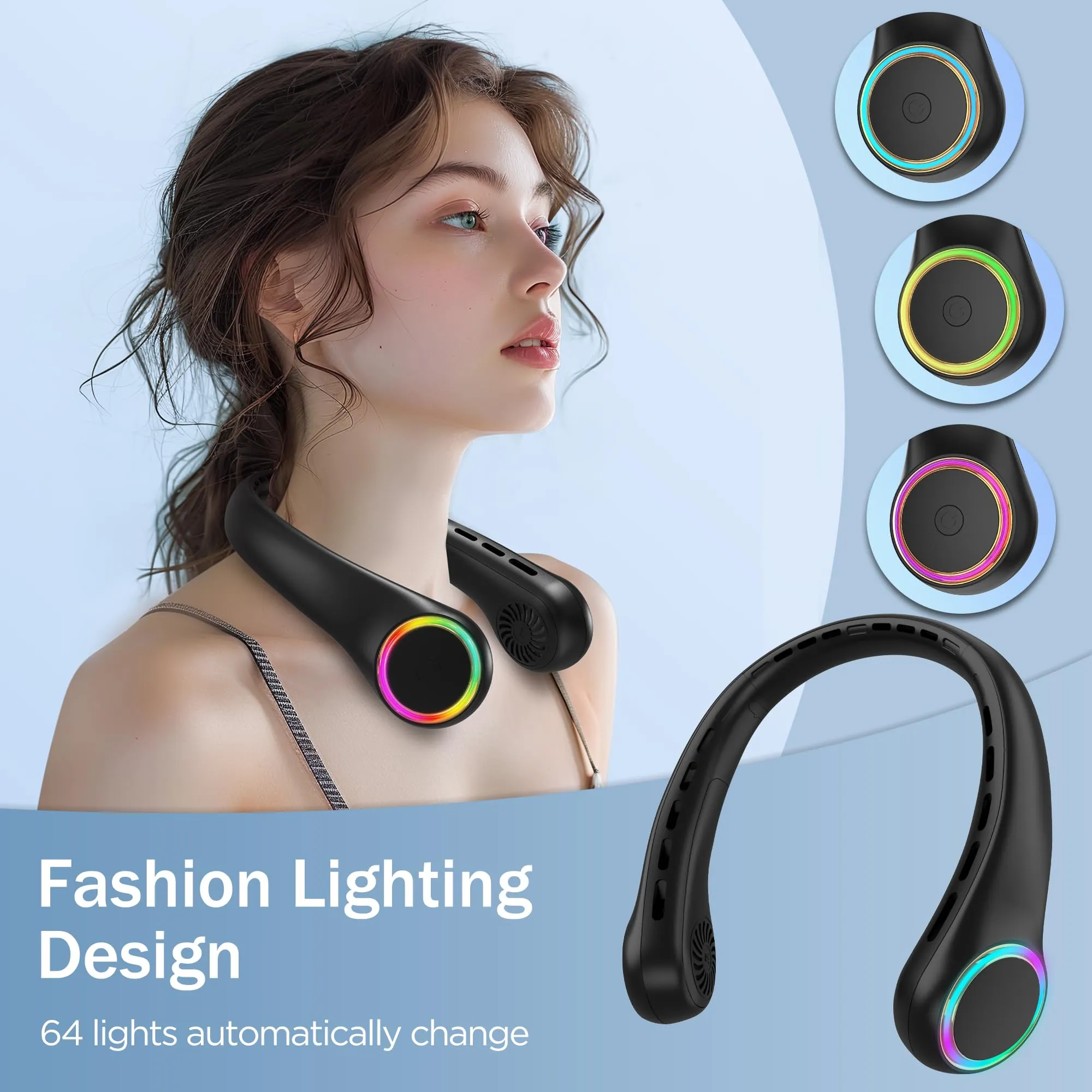 ITSHINY Ventilatore da Collo Portatile, Mini Senza Pale, USB Ricaricabile, Batteria 4000 mAh, 3 Velocità e Luci LED - immagine 4