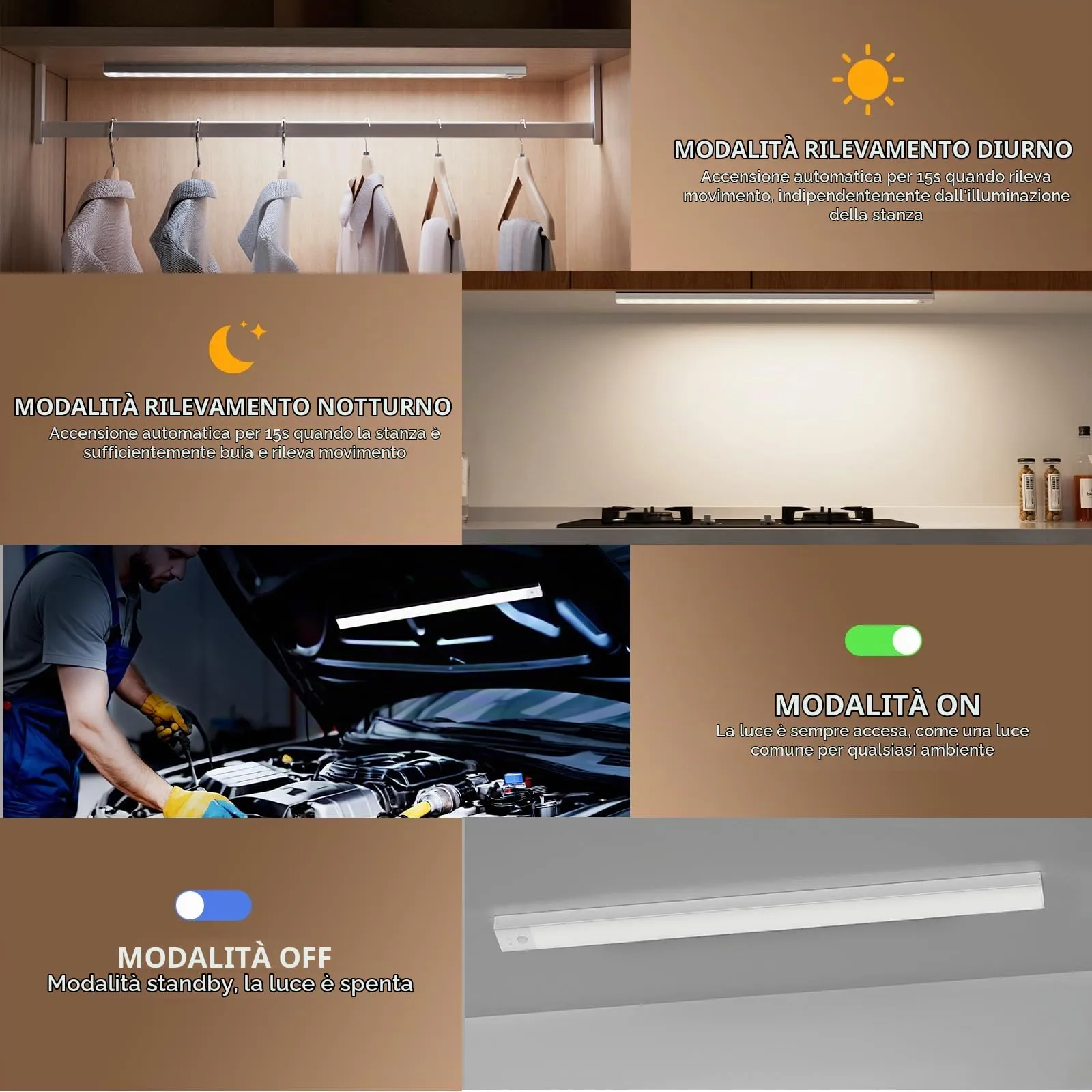 OUILA Luce Armadio LED con Sensore, 60cm x 2 Pezzi, 3 Temperature di Colore, Ricaricabile USB, GLS-C007 - immagine 3