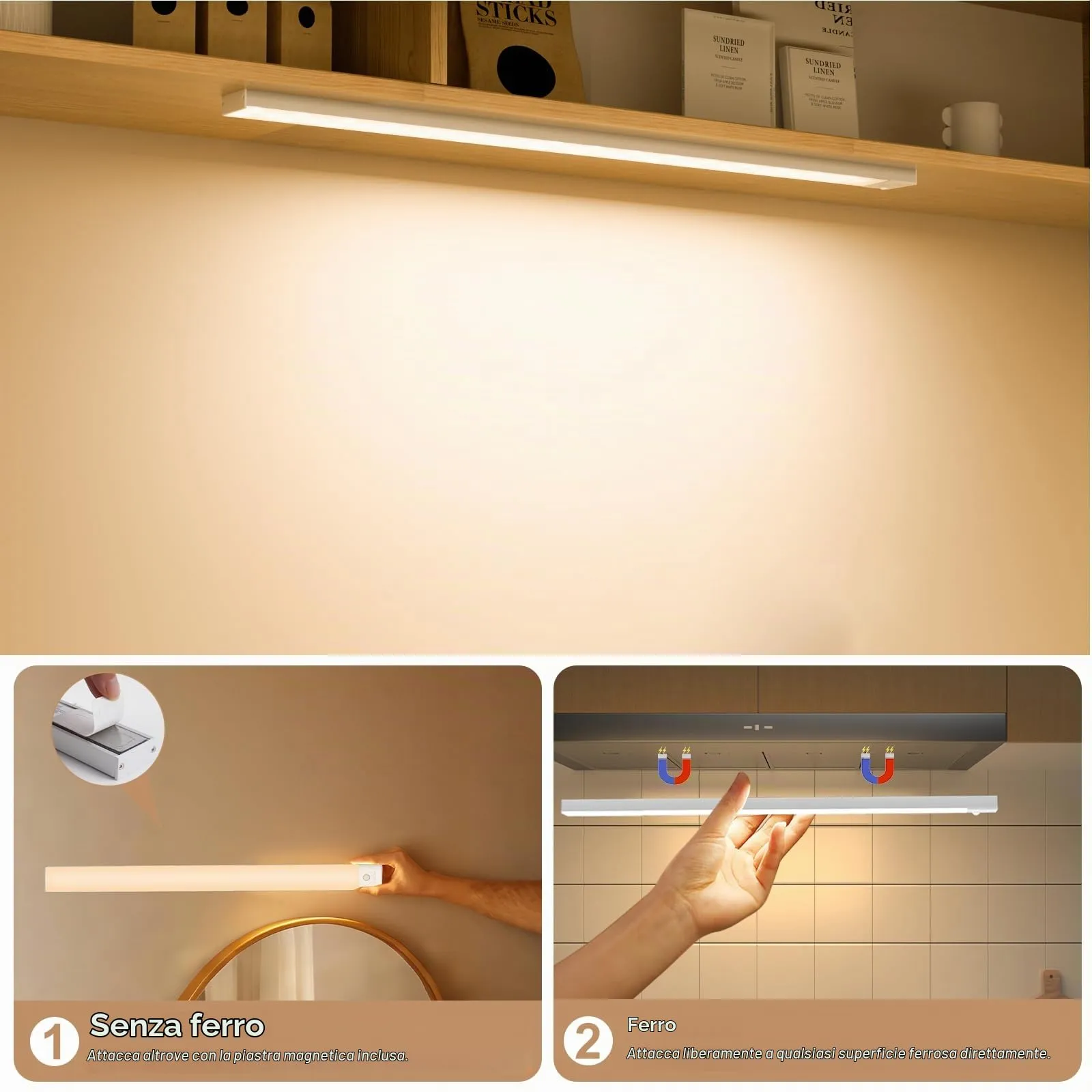 OUILA Luce Armadio LED con Sensore, 60cm x 2 Pezzi, 3 Temperature di Colore, Ricaricabile USB, GLS-C007 - immagine 5