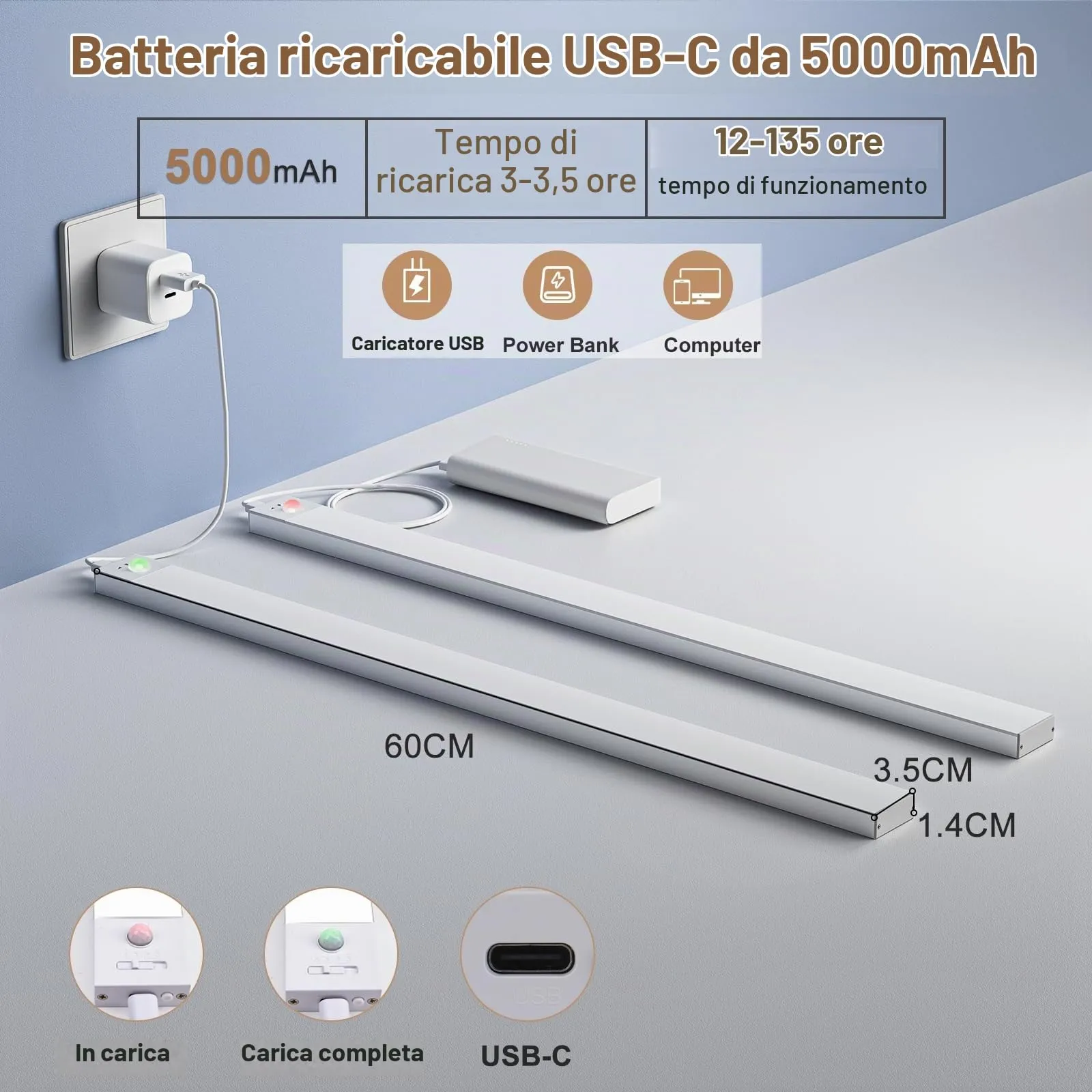 OUILA Luce Armadio LED con Sensore, 60cm x 2 Pezzi, 3 Temperature di Colore, Ricaricabile USB, GLS-C007 - immagine 6