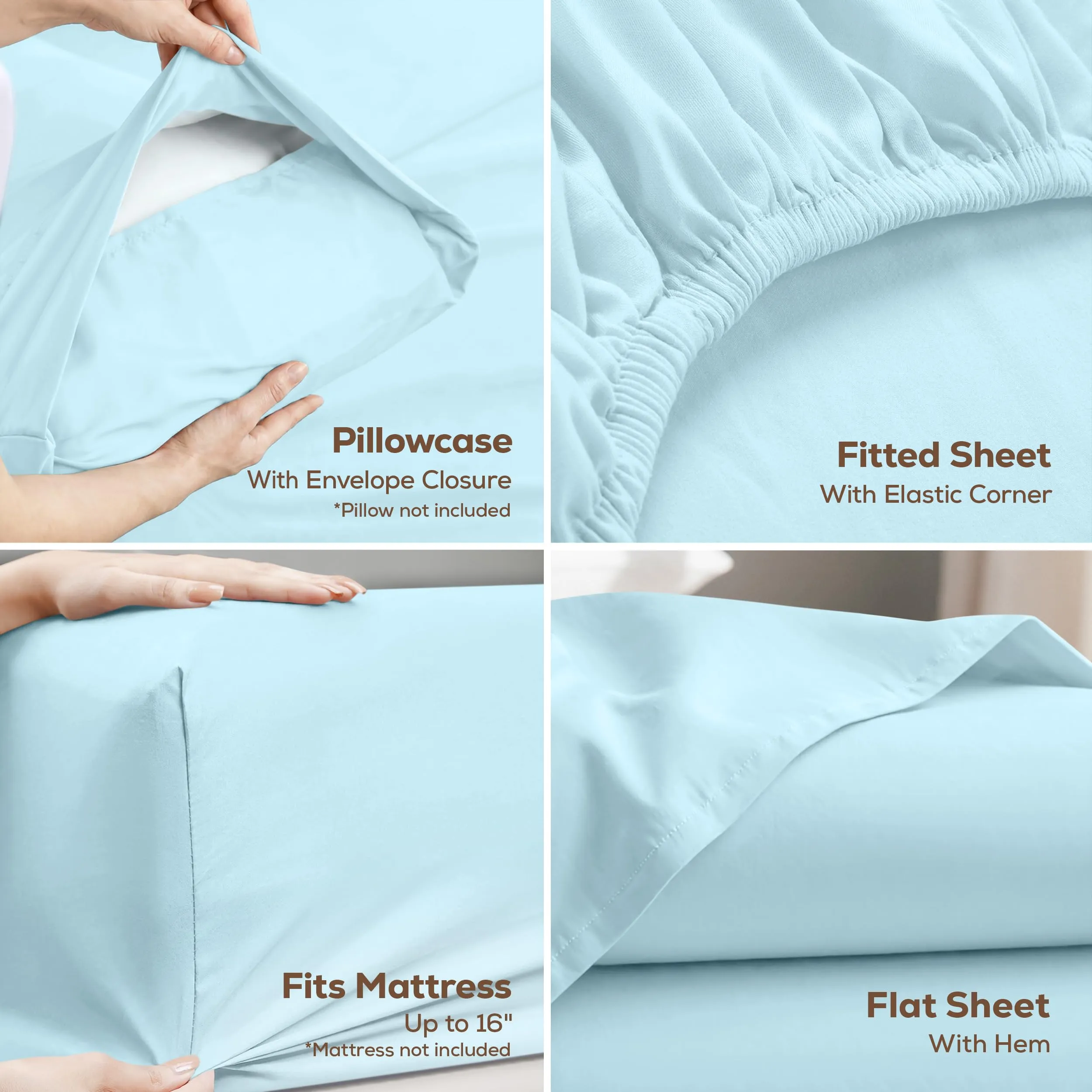 Utopia Bedding Set di lenzuola in microfibra per letto matrimoniale, 4 pezzi, Blu Ghiaccio - immagine 3