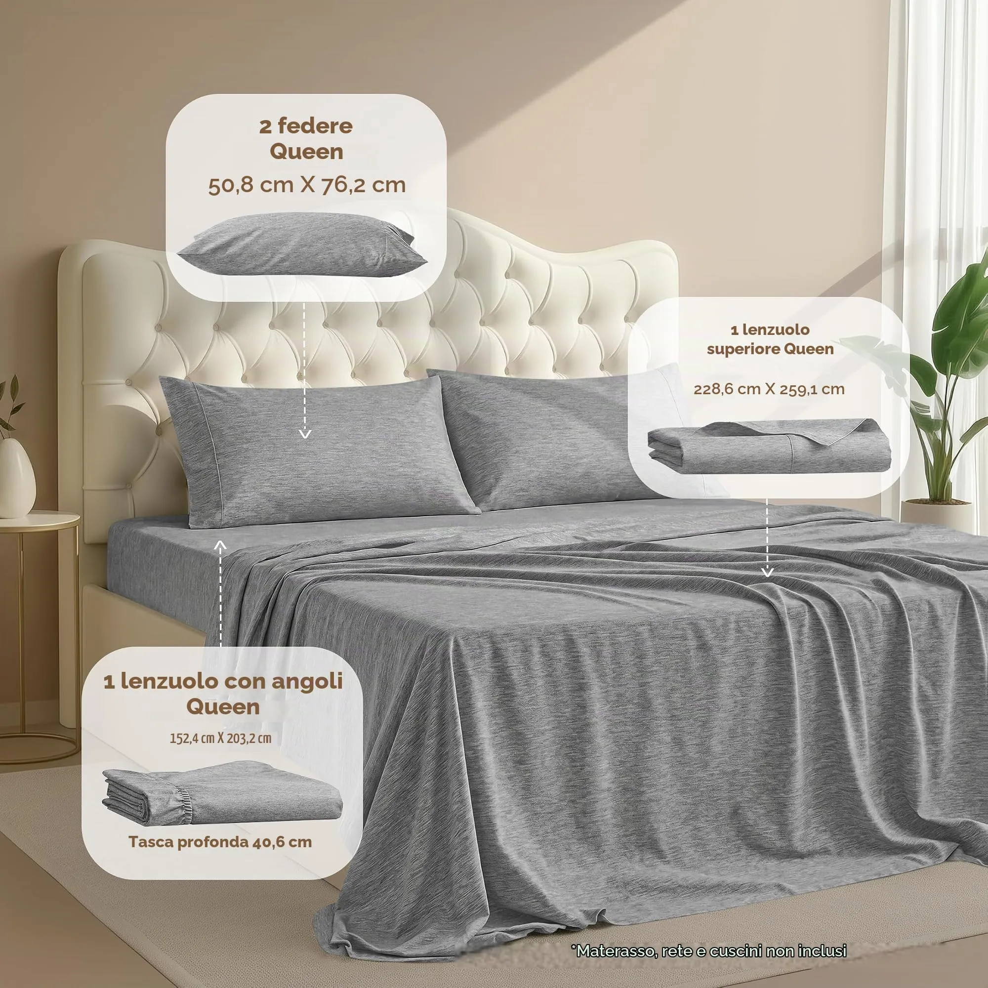 Utopia Bedding Set di lenzuola in microfibra 4 pezzi per letto Queen, Grigio Erica - immagine 2