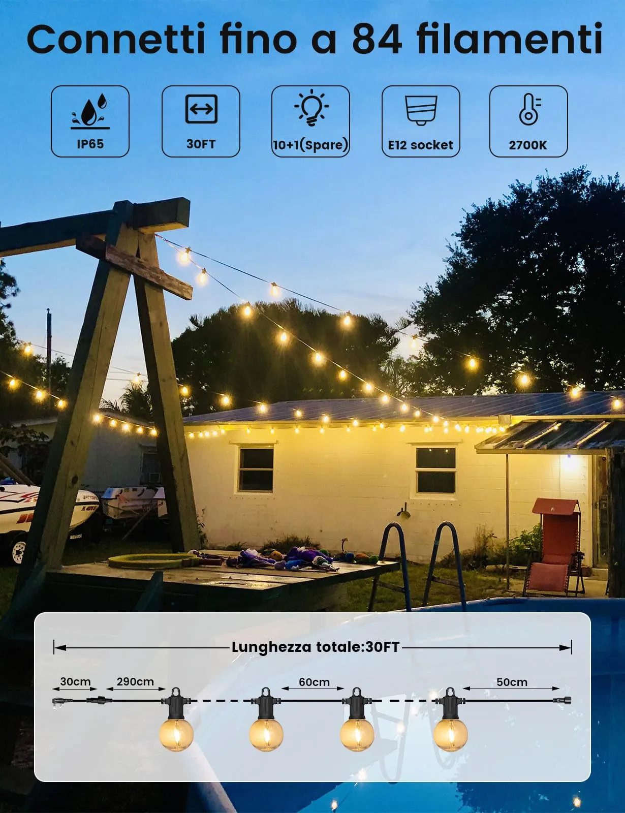 ZOTOYI Catena Luminose Esterno LED G40, 9M/30FT con 10+1 Lampadine - immagine 4