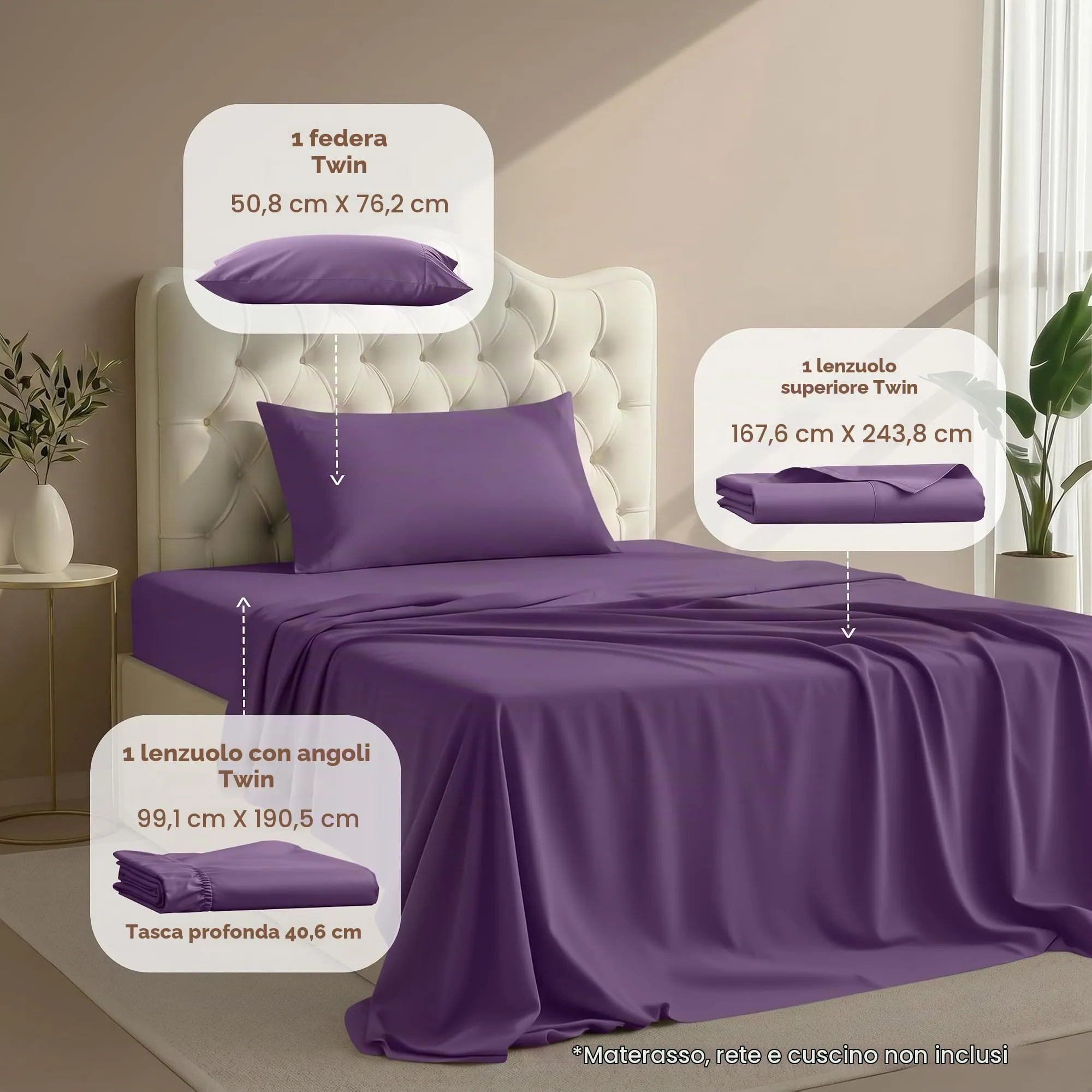 Utopia Bedding Set di lenzuola per letto singolo, 3 pezzi, microfibra spazzolata, color melanzana - immagine 2