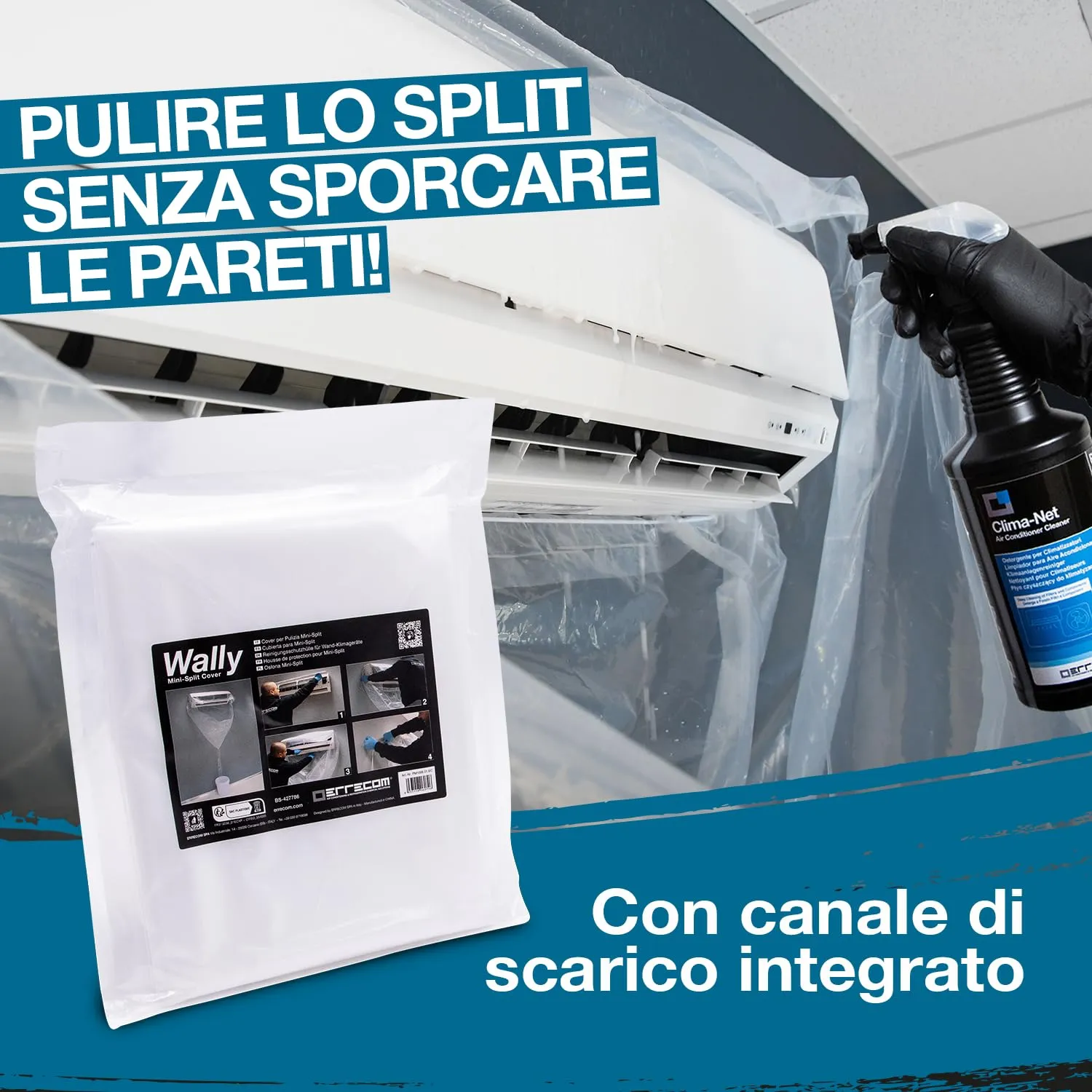Errecom Kit Pulizia Climatizzatori con Clima-Net 1L, Cover Protettiva Wally, A/C Tabs 40 Pastiglie e Guanti - immagine 3