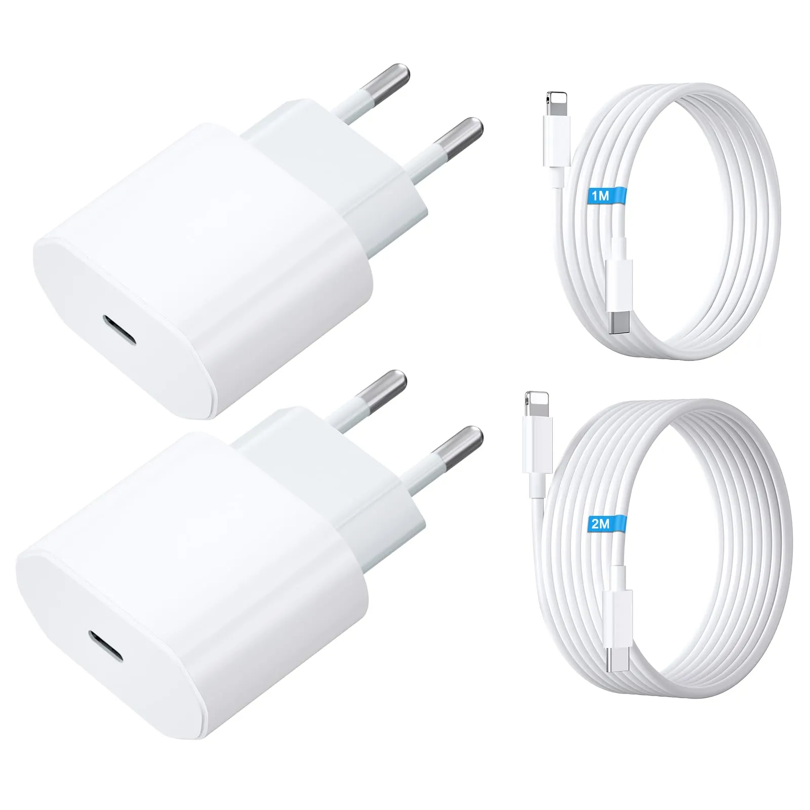 UWECAN Caricatore USB-C 20W Doppio con Cavi Lightning 1M e 2M per iPhone 14/13/12/11/X/8/7 - immagine 1