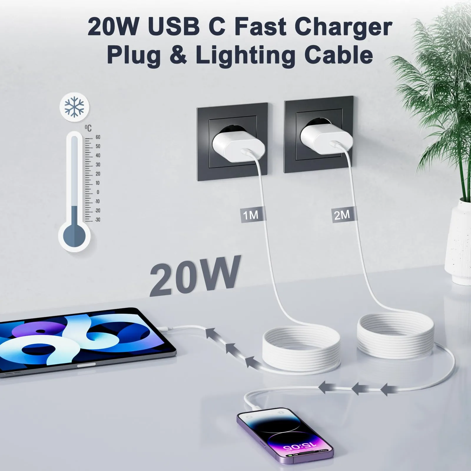 UWECAN Caricatore USB-C 20W Doppio con Cavi Lightning 1M e 2M per iPhone 14/13/12/11/X/8/7 - immagine 2