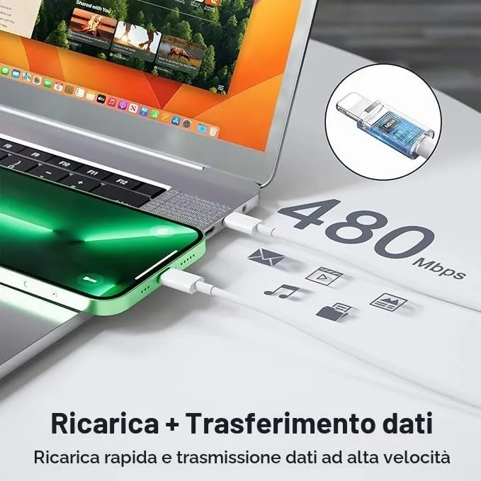 UWECAN Caricatore USB-C 20W Doppio con Cavi Lightning 1M e 2M per iPhone 14/13/12/11/X/8/7 - immagine 4