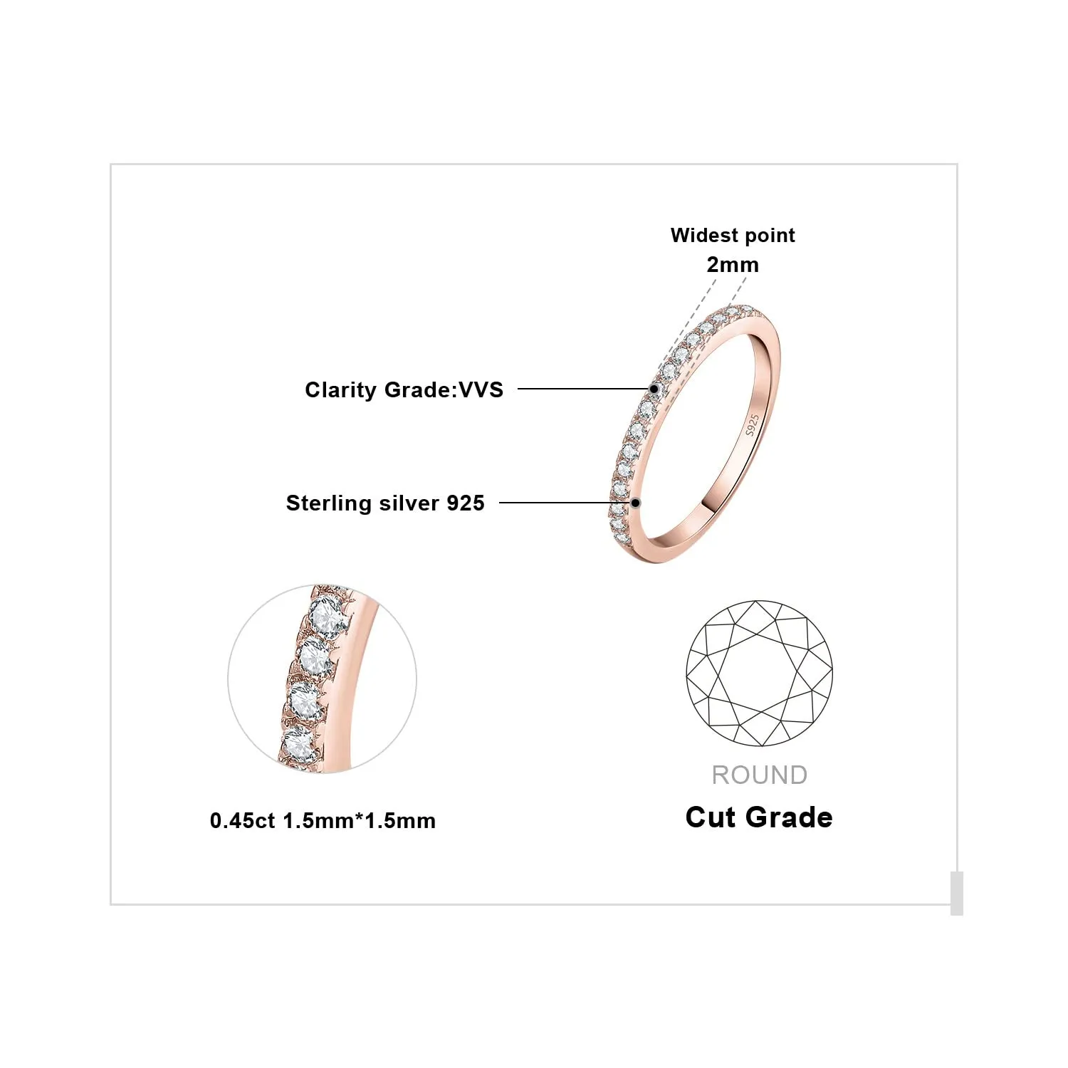 JewelryPalace Anello Half Eternity Donna in Argento 925 con Moissanite Taglio Rotondo, Oro Rosa, Taglia 9.5 - immagine 2