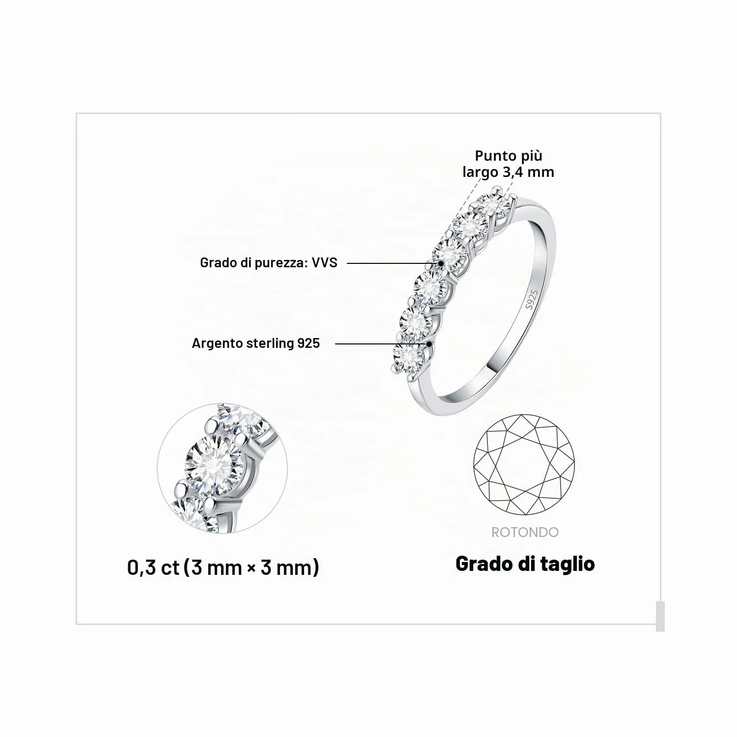JewelryPalace Anello Half Eternity Donna in Argento 925 con Moissanite 0.6ct, Taglio Rotondo, Taglia 18.5 - immagine 2