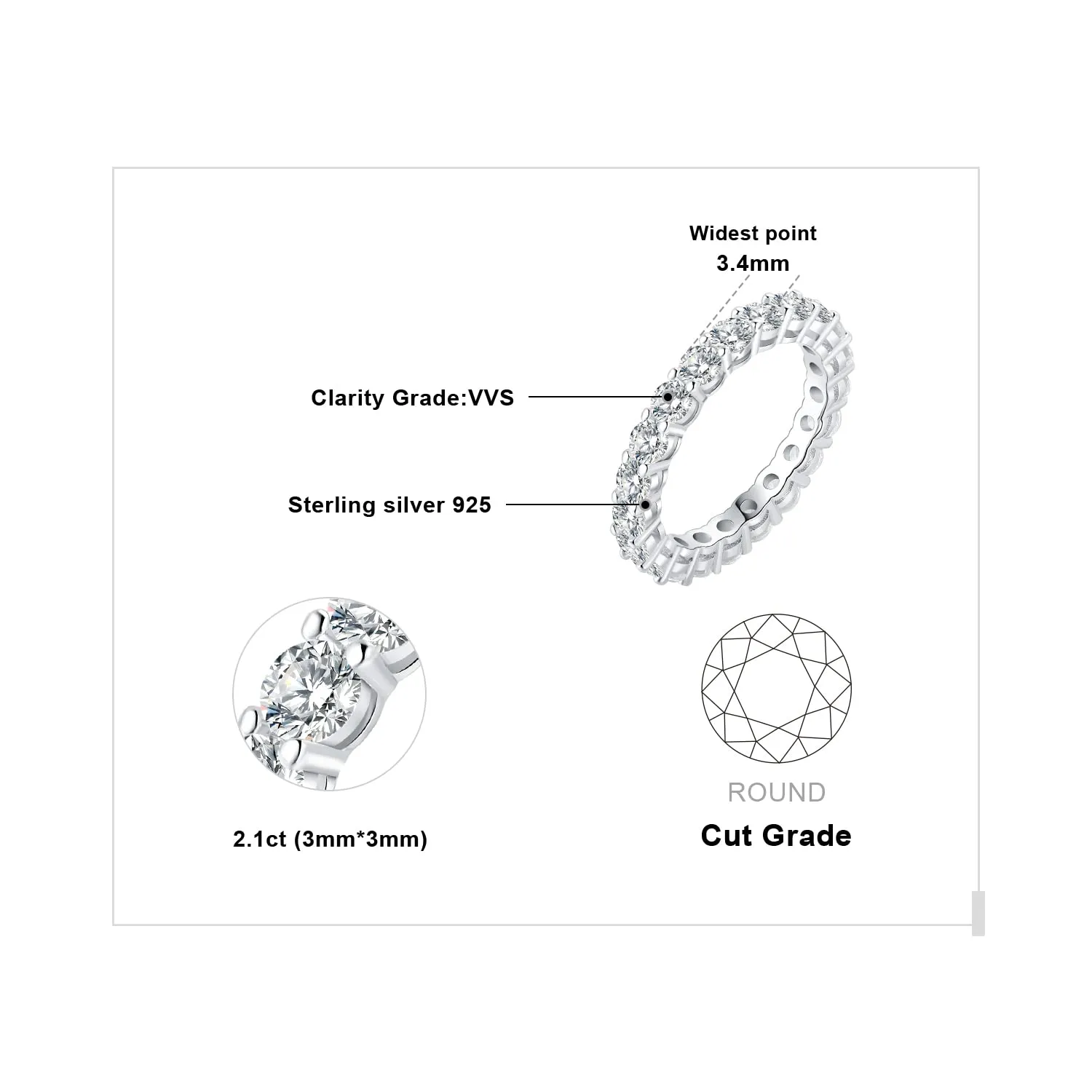 JewelryPalace Anello Eterno in Argento con Moissanite Taglio Rotondo, Taglia 17 - immagine 2