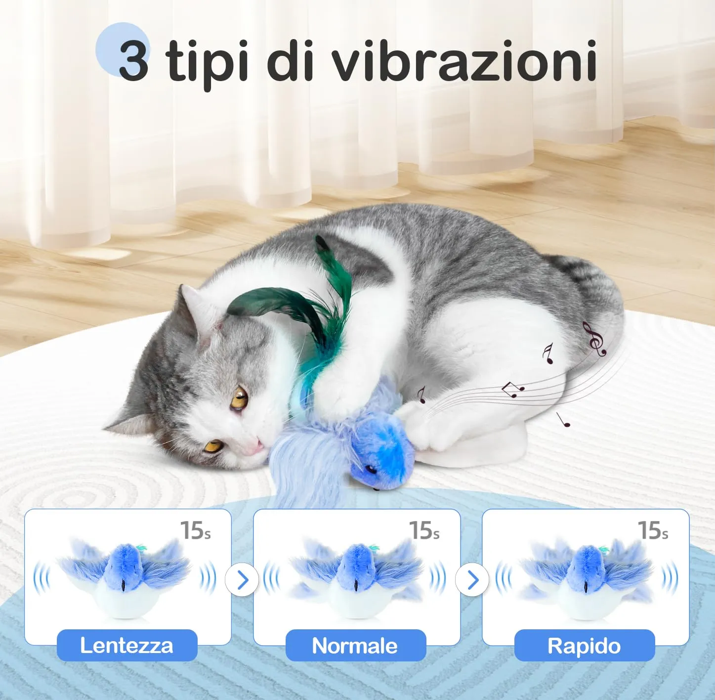 Migipaws Giocattolo Elettrico Interattivo per Gatti a Forma di Uccello con Erba Gatta, Ricaricabile (Blu) - immagine 2