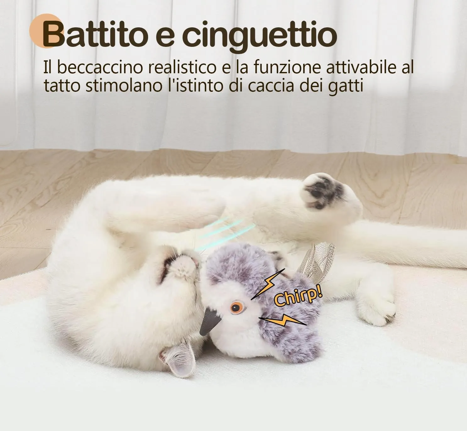 Migipaws Giocattolo Interattivo per Gatti a Forma di Uccello, Cinguettio Realistico, Attivabile al Tocco, con Erba Gatta, Ricaricabile USB - immagine 2