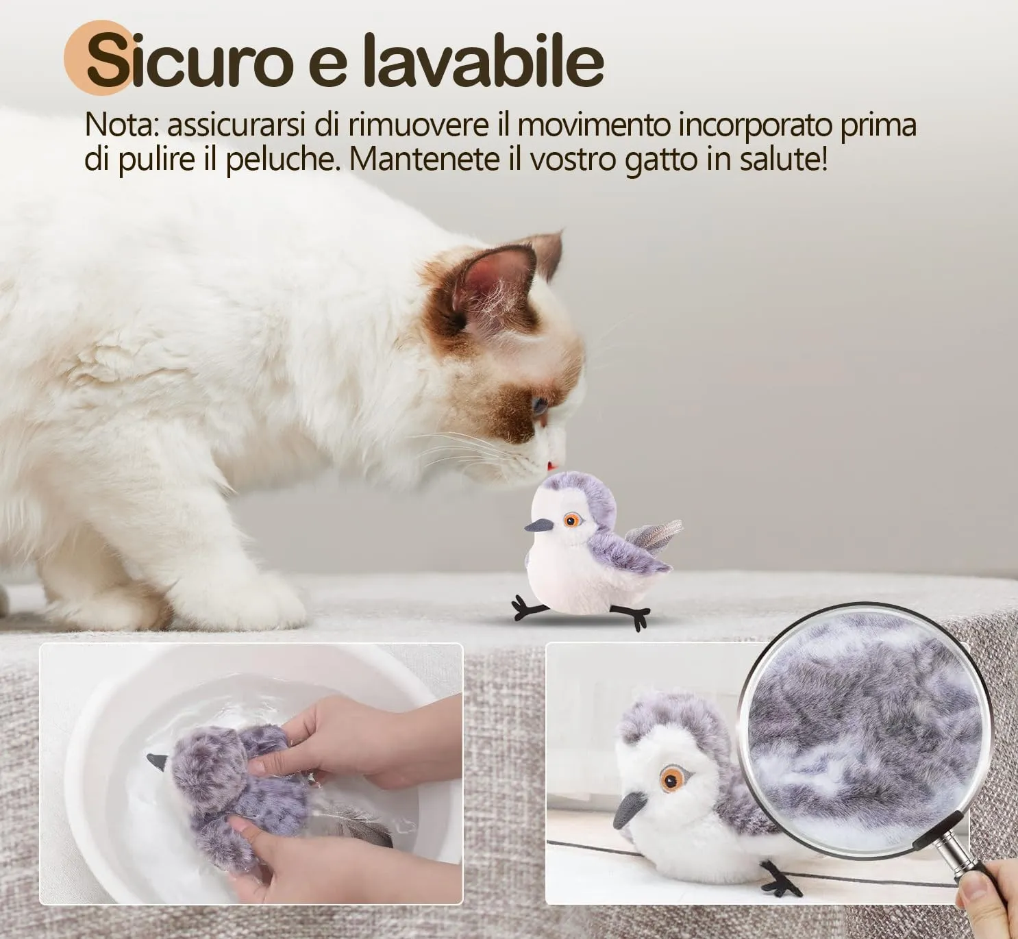Migipaws Giocattolo Interattivo per Gatti a Forma di Uccello, Cinguettio Realistico, Attivabile al Tocco, con Erba Gatta, Ricaricabile USB - immagine 4