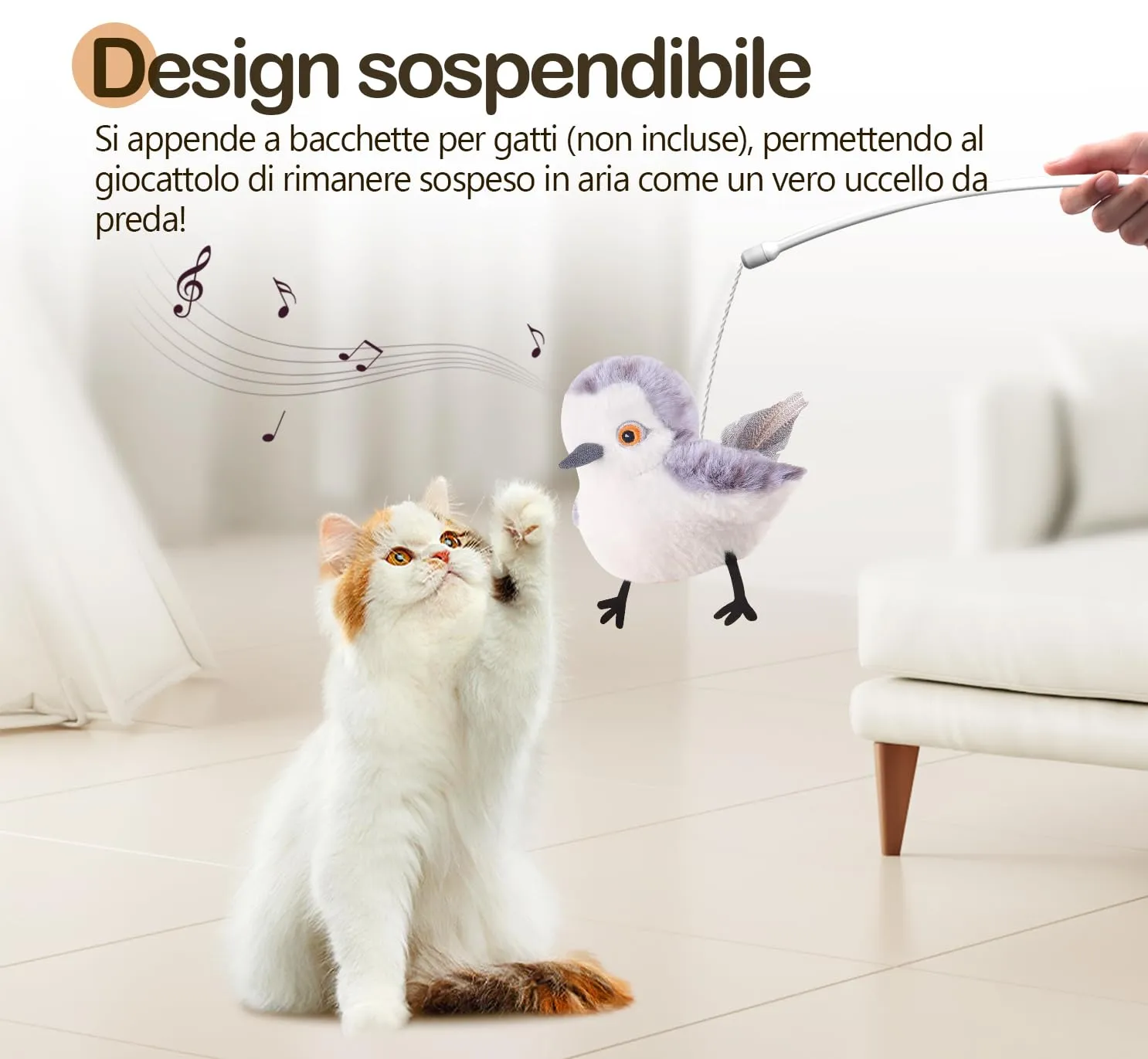 Migipaws Giocattolo Interattivo per Gatti a Forma di Uccello, Cinguettio Realistico, Attivabile al Tocco, con Erba Gatta, Ricaricabile USB - immagine 6
