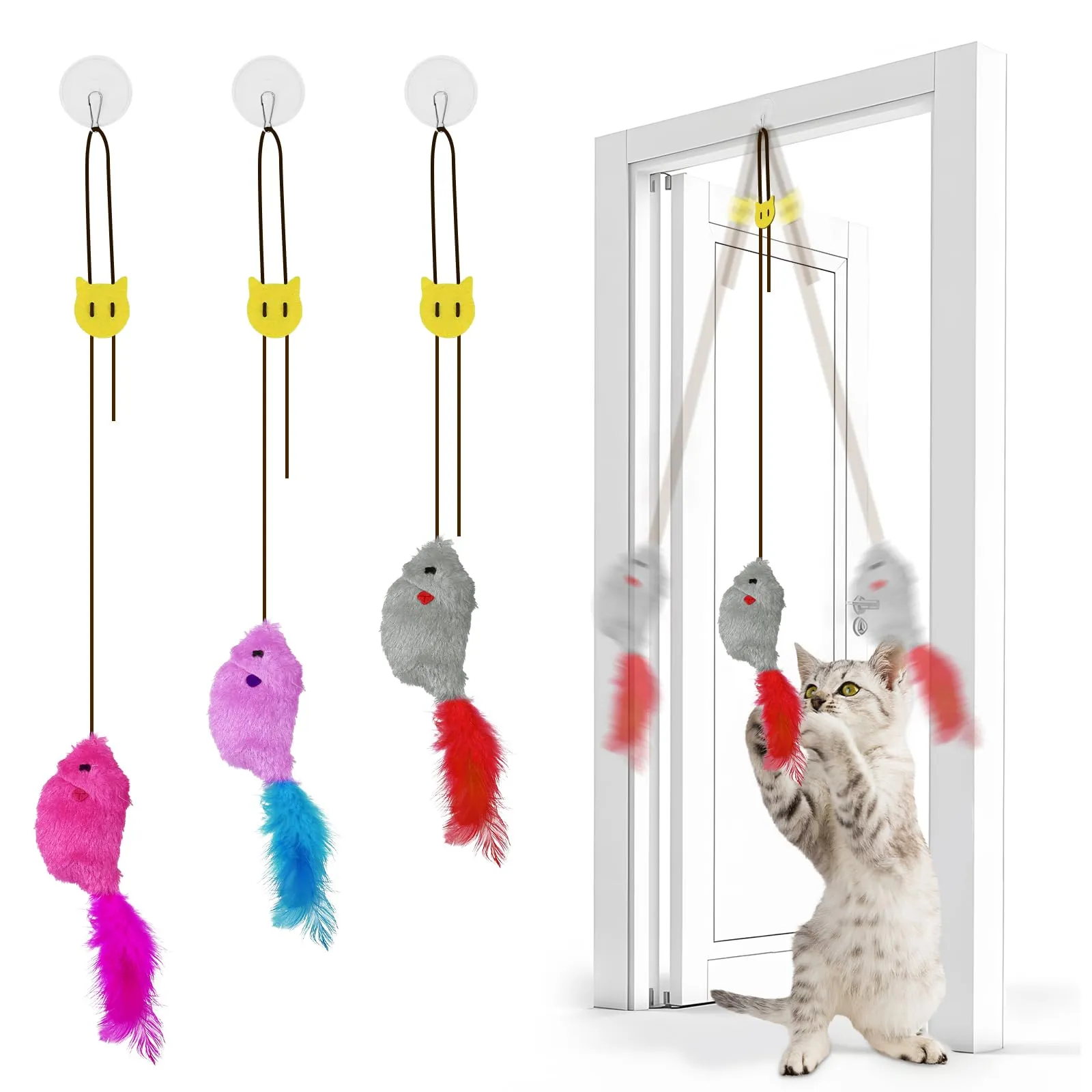 Adiwo Set di 3 Giocattoli Interattivi per Gatti, Peluche a Forma di Topo con Effetti Sonori e Cordino Elastico Regolabile - immagine 9