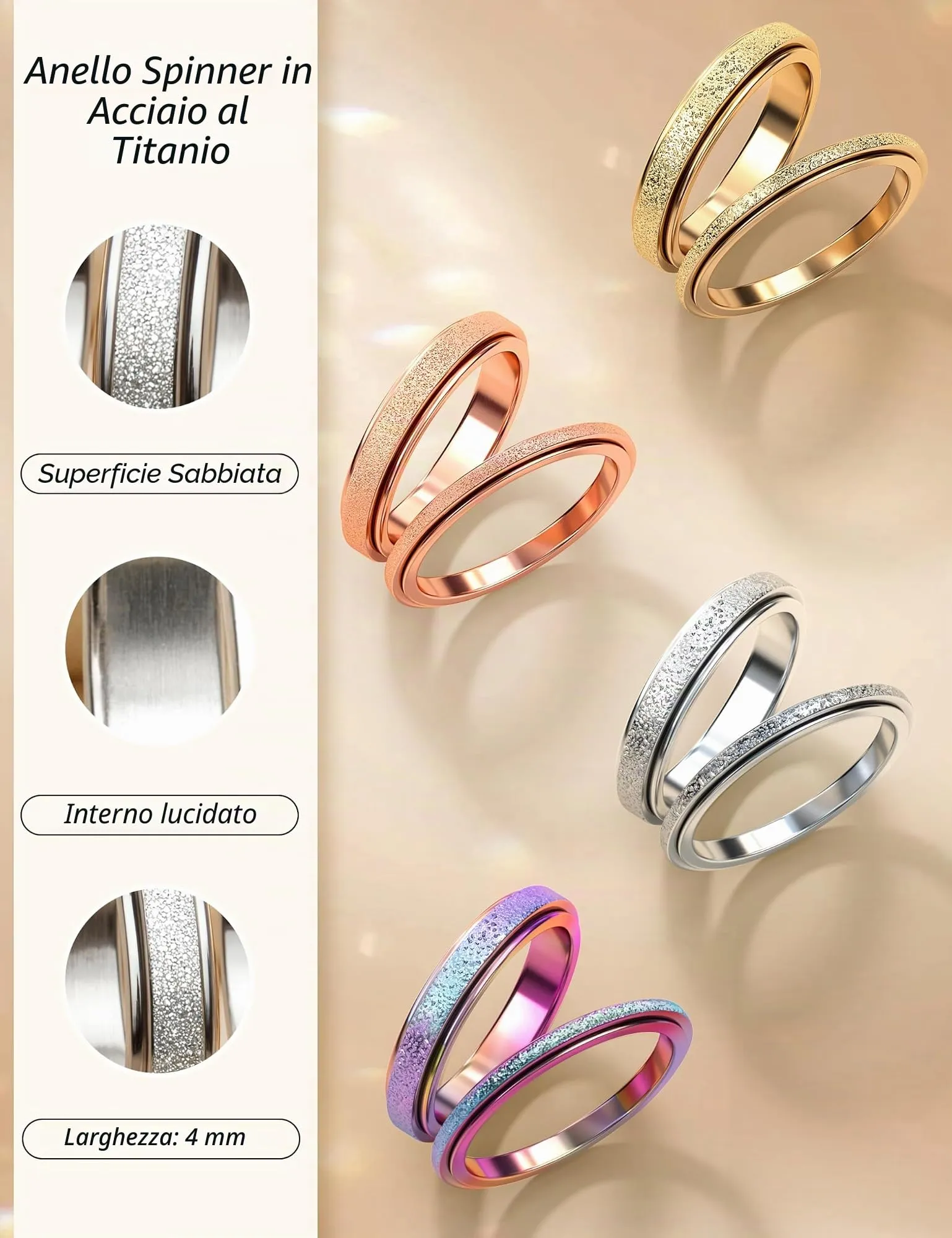 Diamday Anello Spinner Antistress in Acciaio Inossidabile Sabbiato per Donna e Uomo, Argento - immagine 5