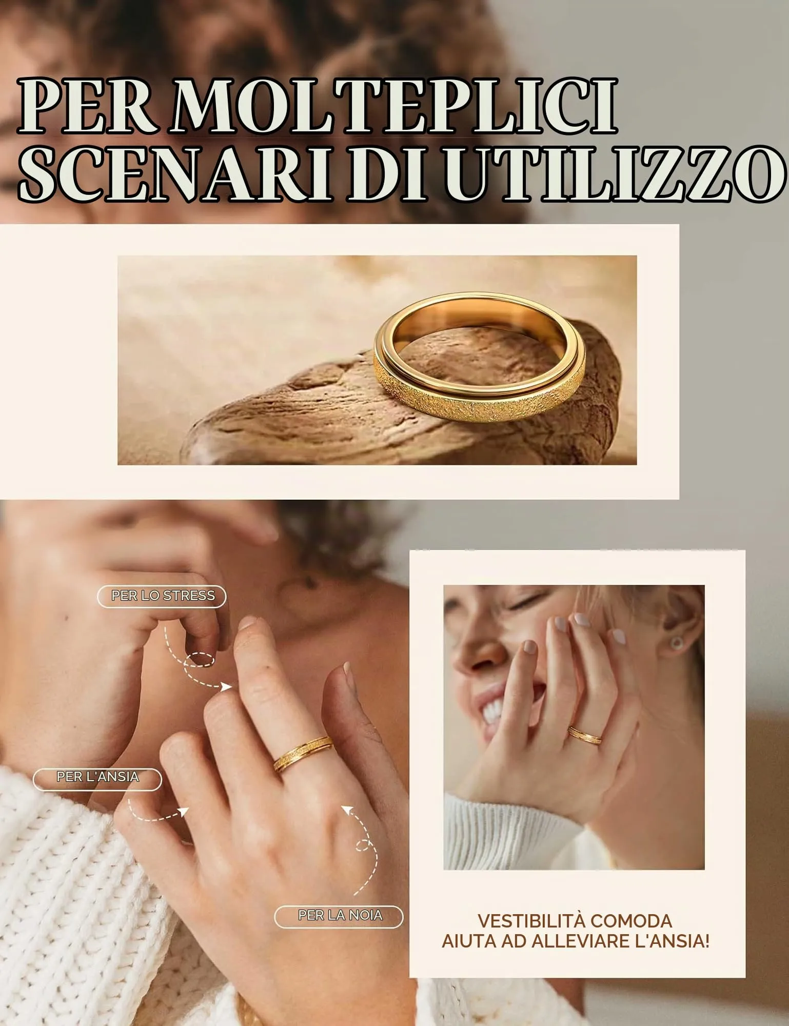 Diamday Anello Spinner Antistress in Acciaio Inossidabile Sabbiato per Donna e Uomo, Argento e Oro - immagine 7