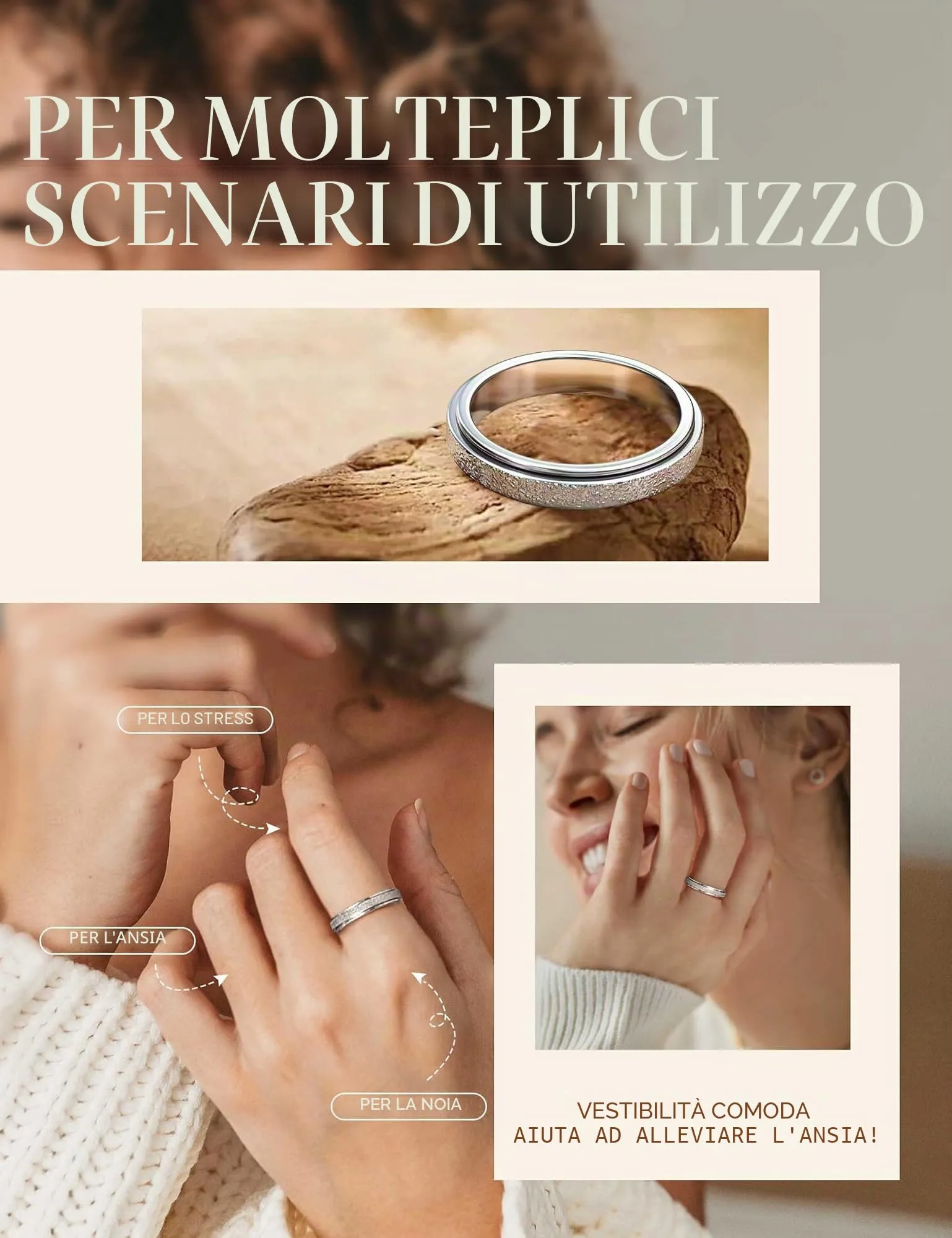 Diamday Anello Spinner Antistress in Acciaio Inossidabile per Donna e Uomo, Sabbiatura Glitterata, Argento e Oro - immagine 7