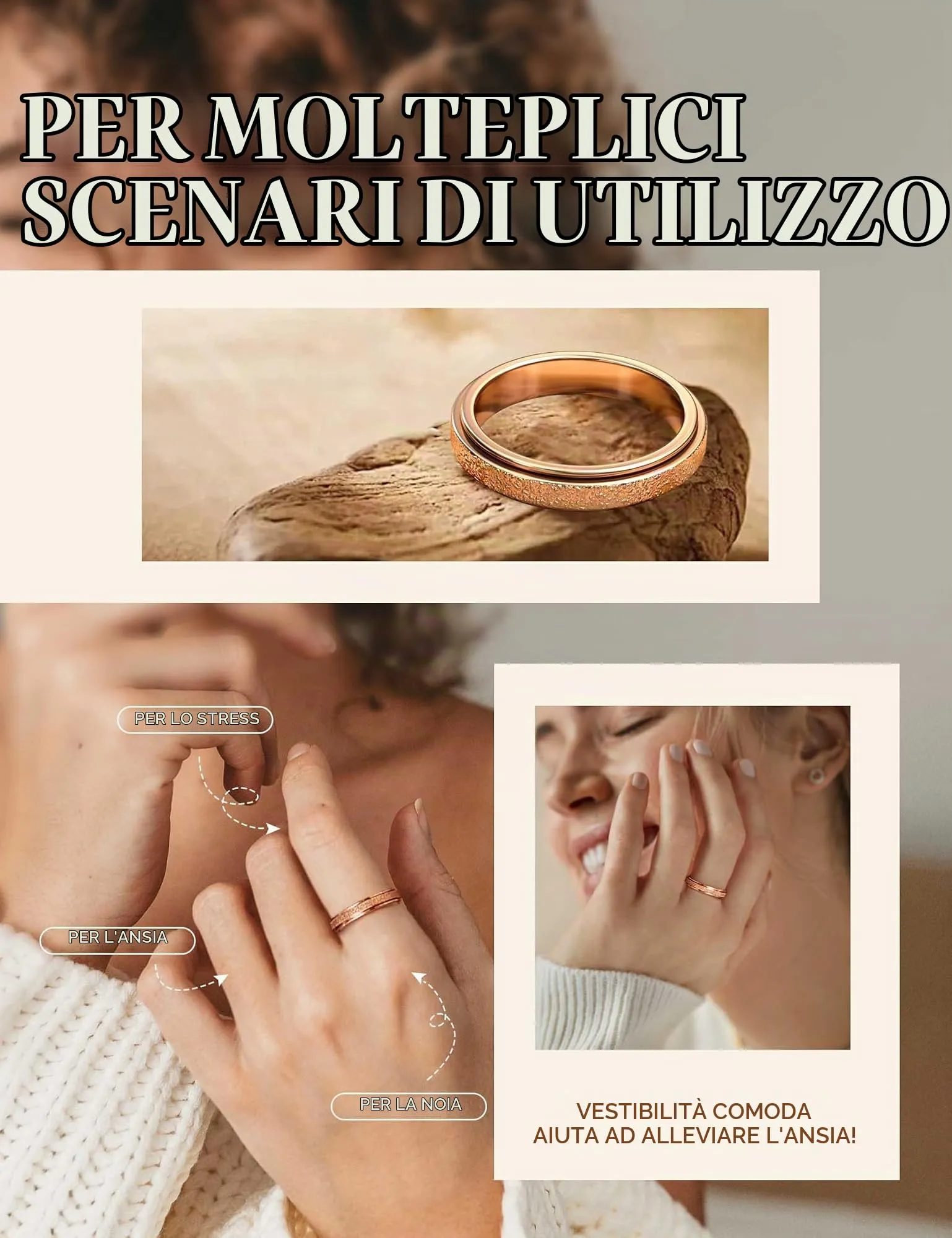 Diamday Anello Spinner Antistress in Acciaio Inossidabile per Donna e Uomo, Anti Ansia, Sabbiatura Glitterata, Oro e Argento - immagine 7
