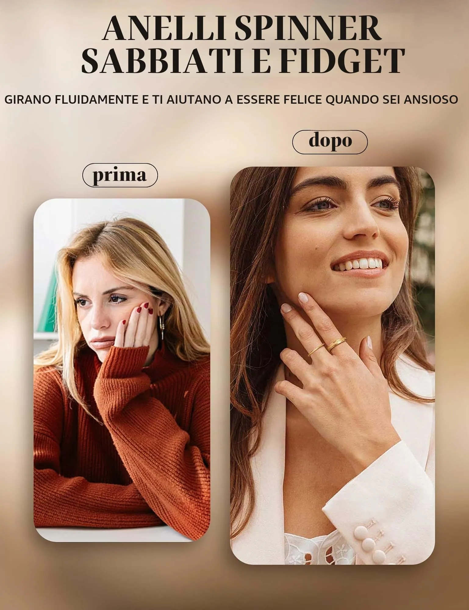 Diamday Anello Spinner Antistress in Acciaio Inossidabile per Donna e Uomo, Sabbiatura Glitterata, Oro - immagine 4