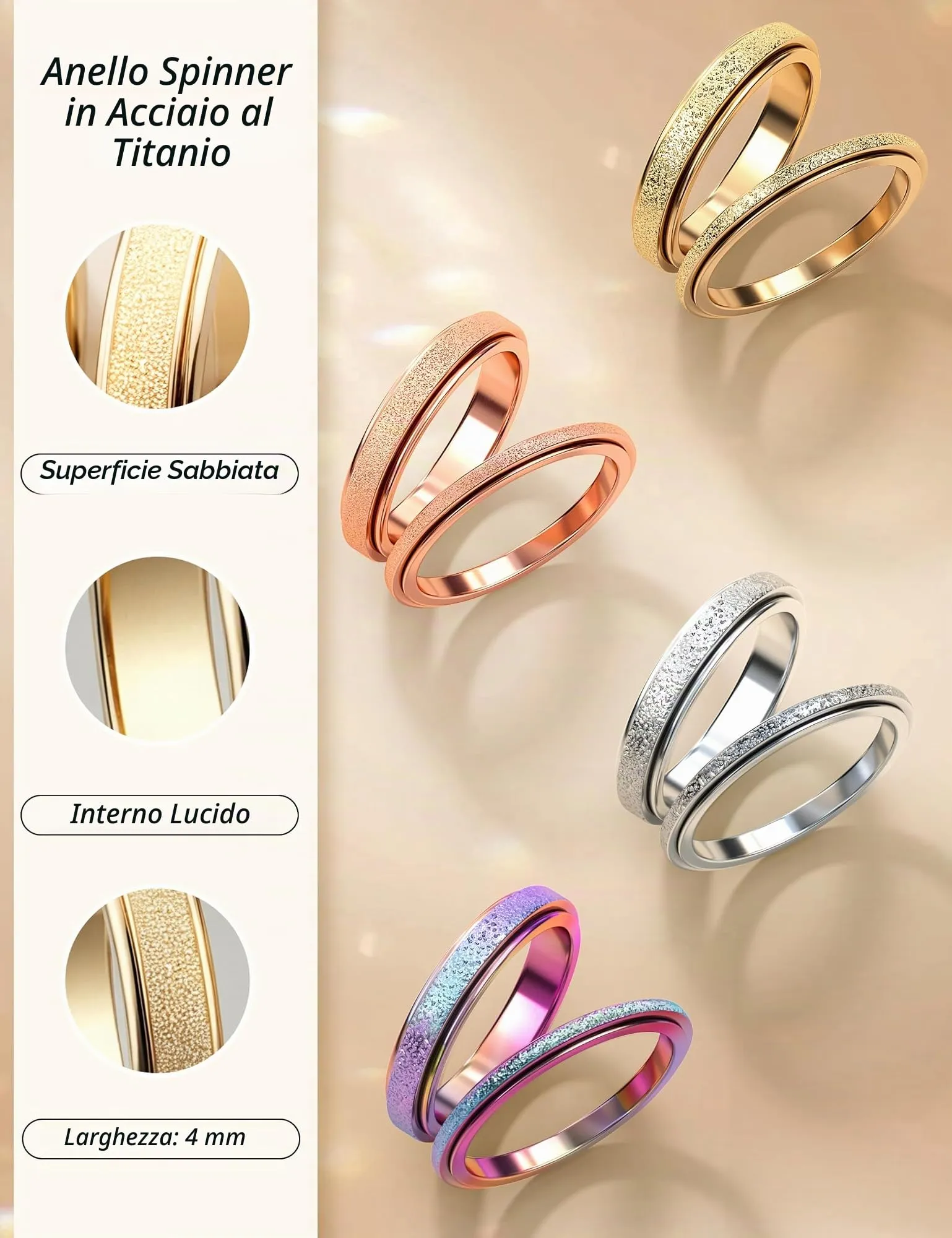 Diamday Anello Spinner Antistress in Acciaio Inossidabile per Donna e Uomo, Sabbiatura Glitterata, Oro - immagine 5