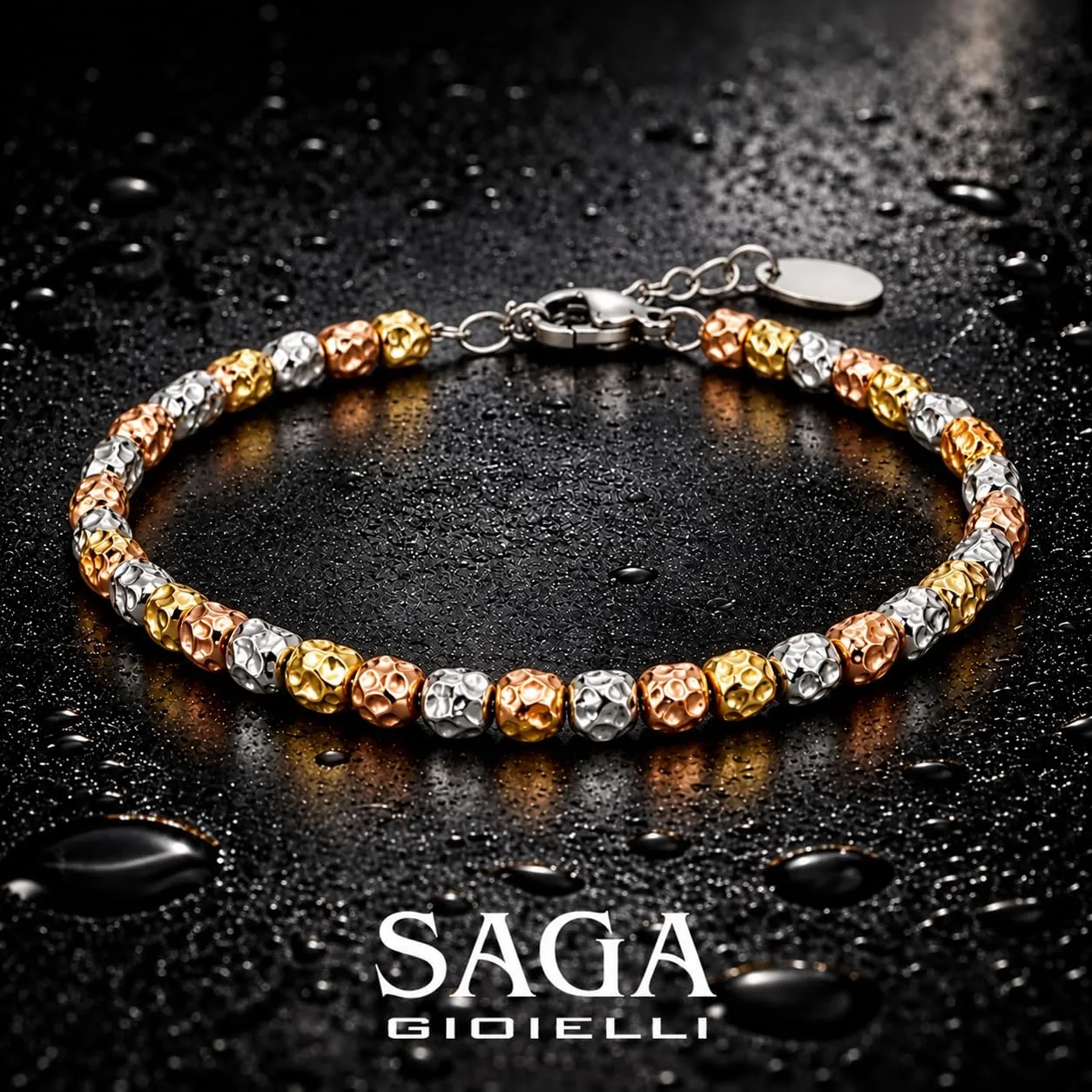 SAGA GIOIELLI Bracciale Unisex Tre Ori in Acciaio con Pepite Martellate (5 mm) - immagine 2