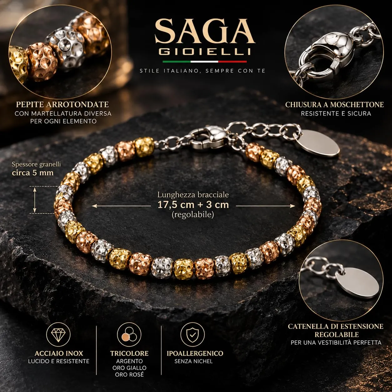SAGA GIOIELLI Bracciale Unisex Tre Ori in Acciaio con Pepite Martellate (5 mm) - immagine 4