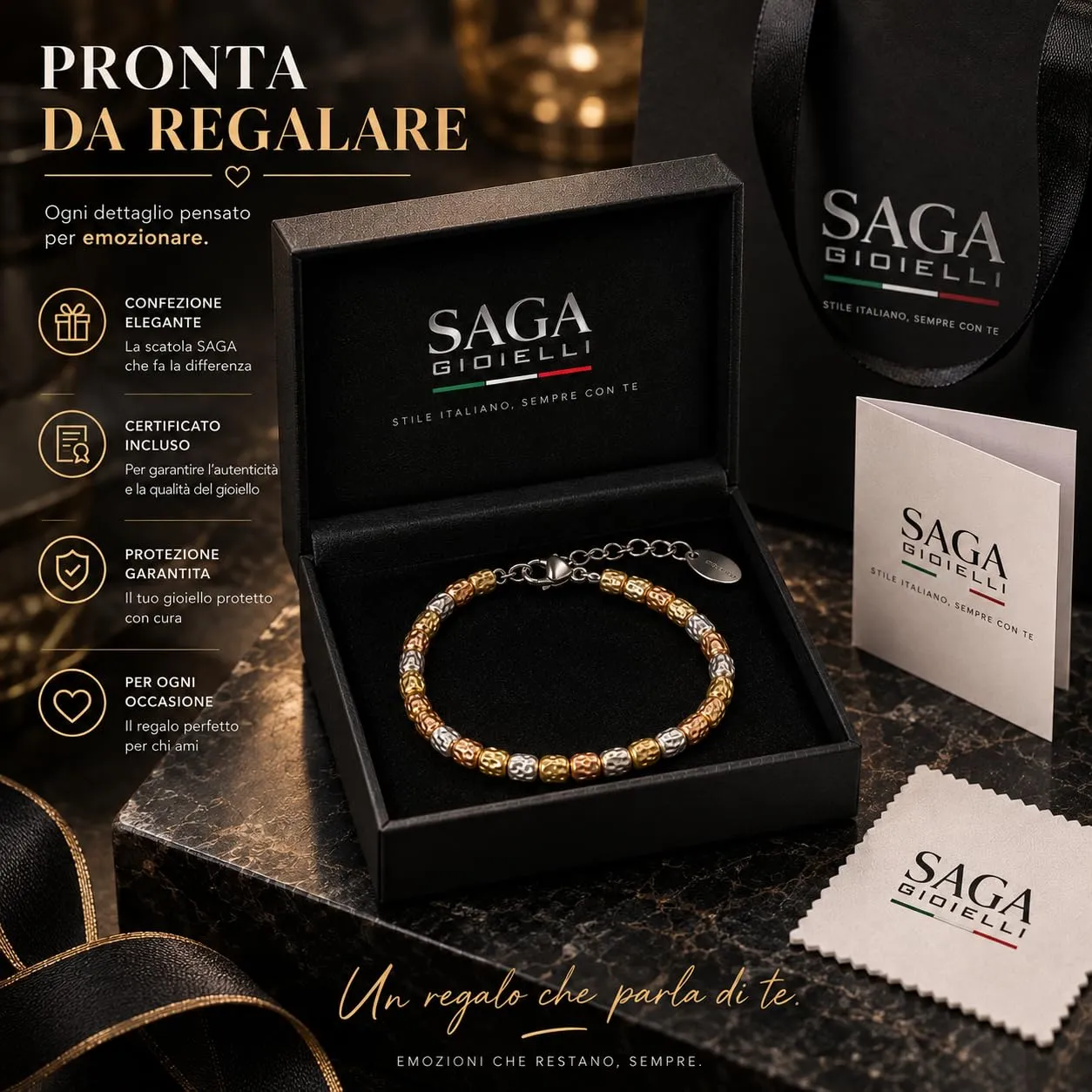 SAGA GIOIELLI Bracciale Unisex Tre Ori in Acciaio con Pepite Martellate (5 mm) - immagine 5