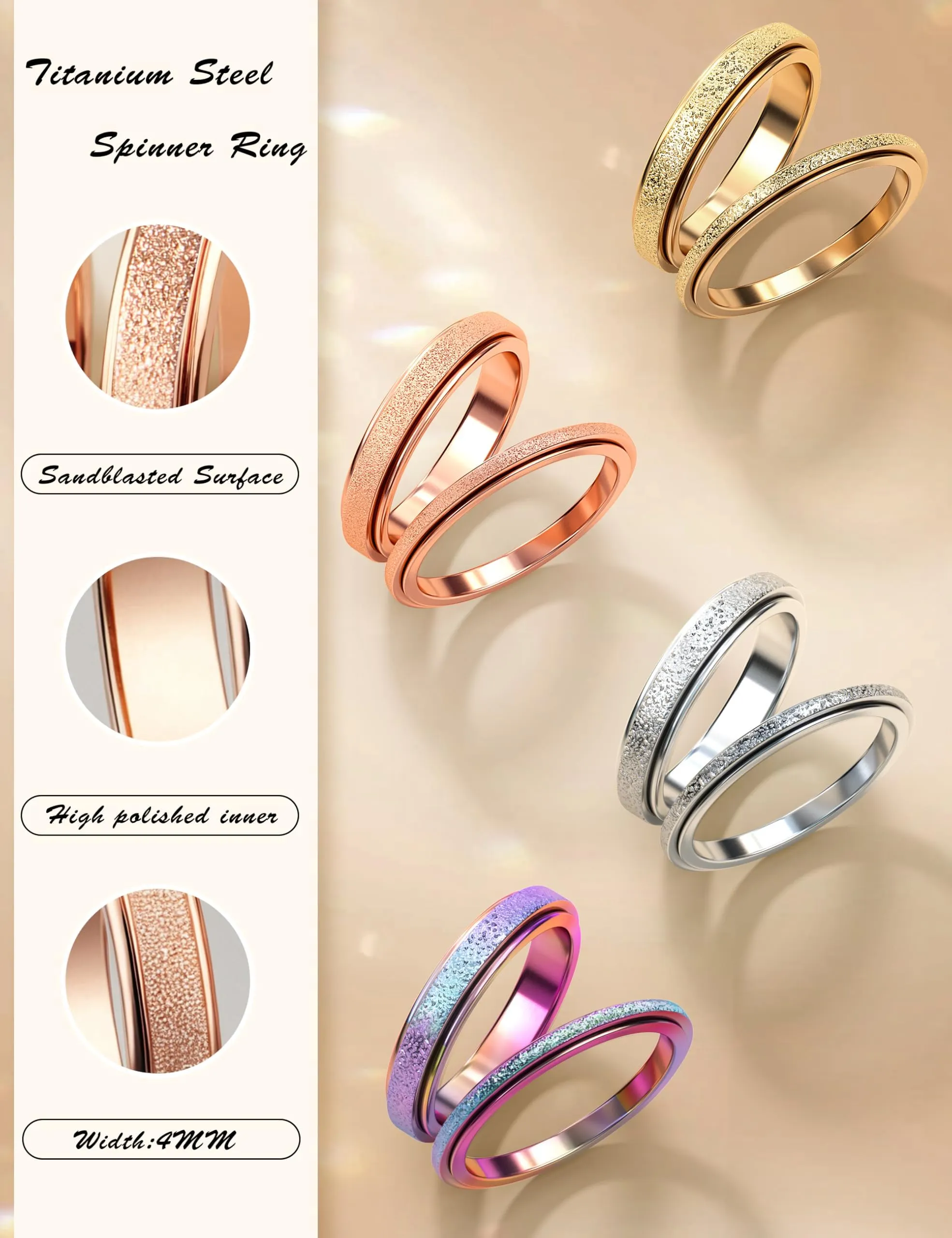 Diamday Anello Spinner Antistress in Acciaio Inossidabile per Donna e Uomo, Sabbiatura Glitterata, Argento e Oro - immagine 5