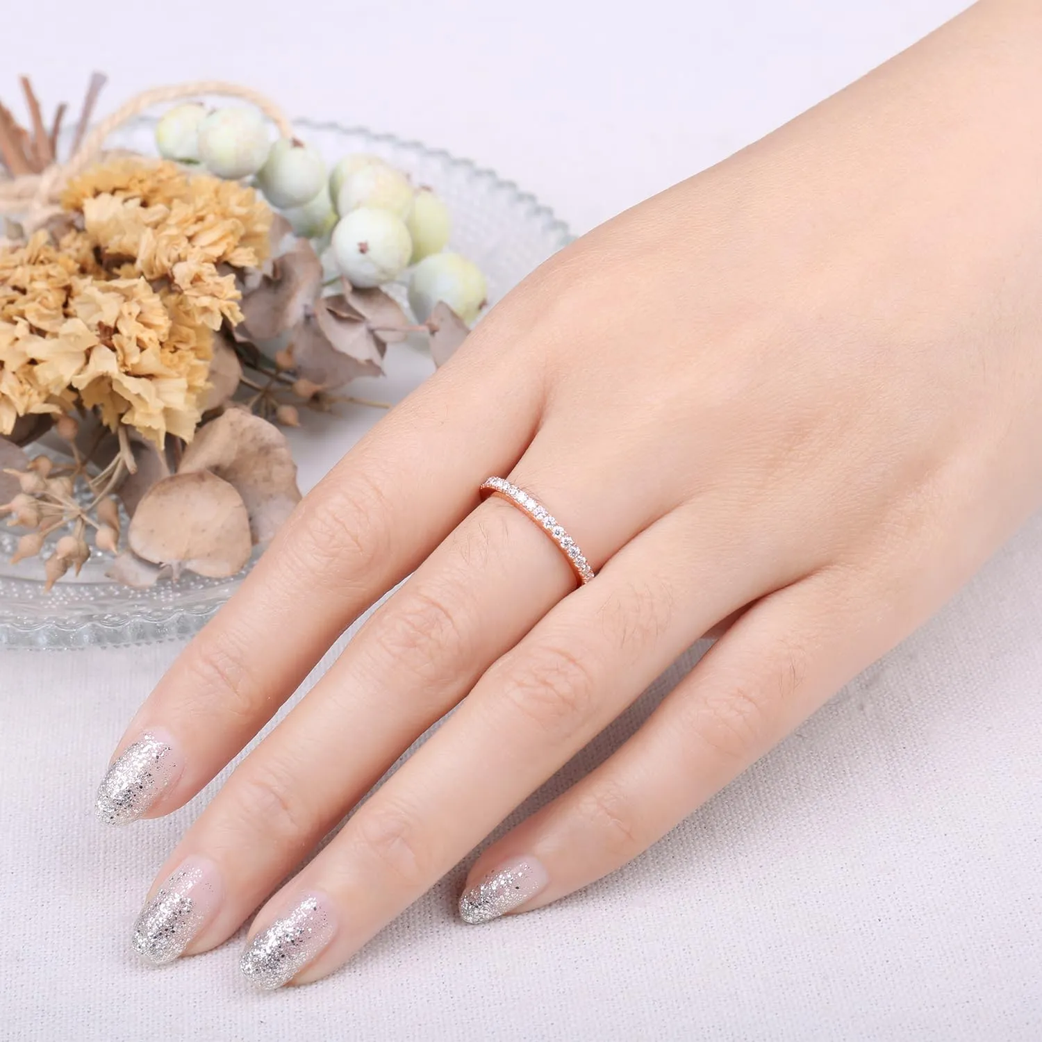 JewelryPalace Anello Half Eternity Donna Placcato Oro Rosa 14K con Moissanite Taglio Rotondo, Fede Nuziale 14.5 - immagine 4