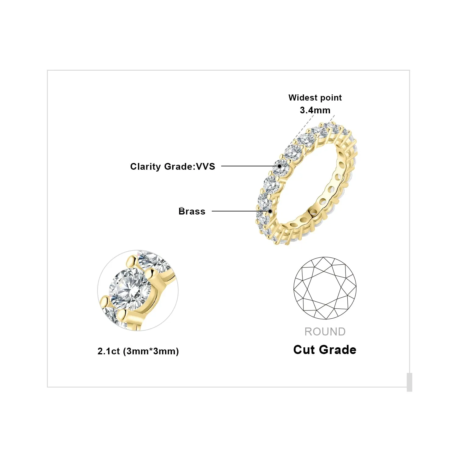 JewelryPalace Anello Eterno Donna Placcato Oro Giallo 14K con Moissanite, Taglio Rotondo, Misura 11.5 - immagine 2