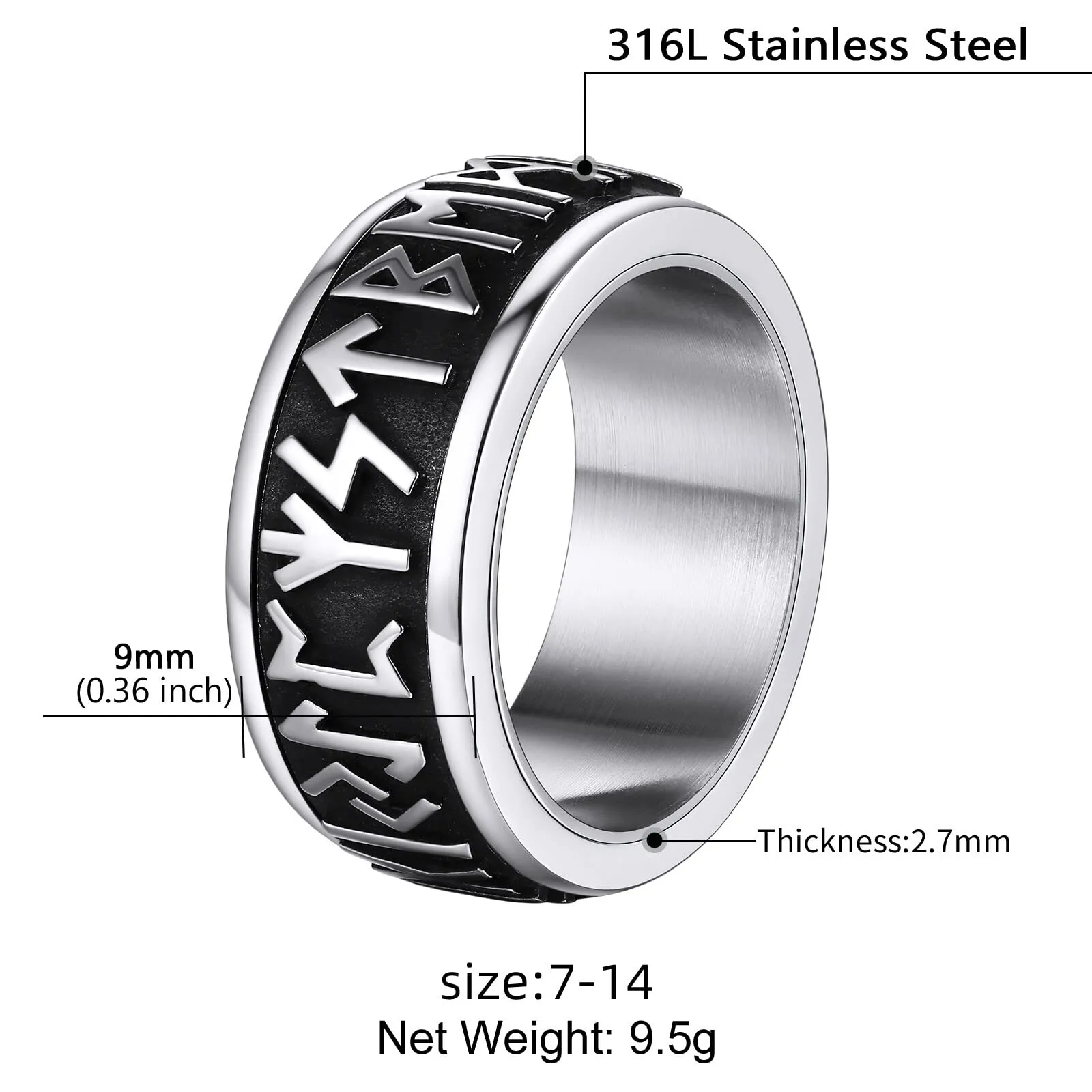 Supcare Anello Antistress Uomo Girevole in Acciaio Argento con Rune Vichinghe, Misura 30 (Circonferenza 69.7 mm) - immagine 6