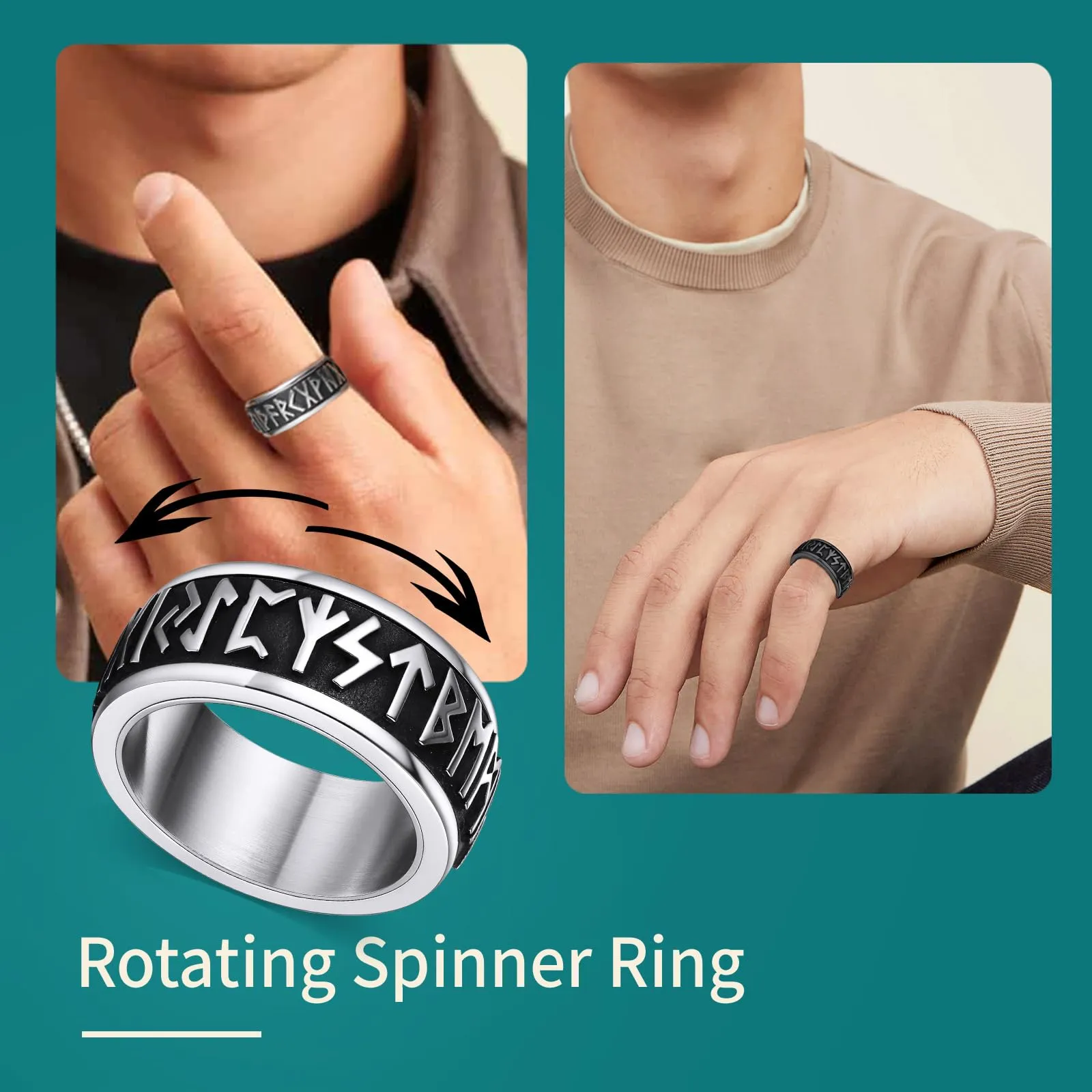Supcare Anello Antistress Uomo Girevole in Acciaio Argento con Rune Vichinghe, Misura 27,5 Circonferenza 67.2 mm - immagine 2
