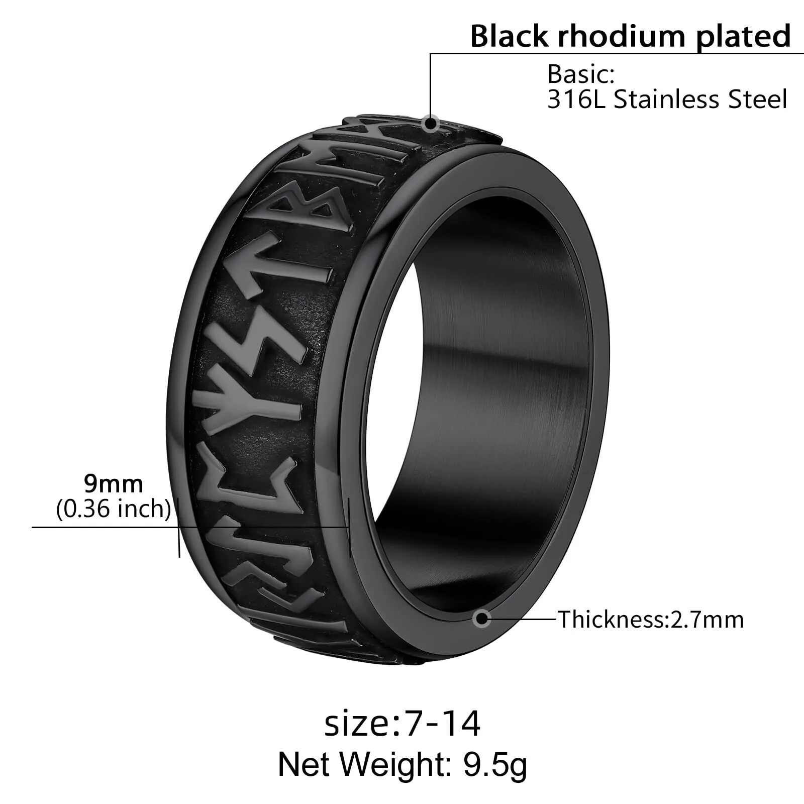 Supcare Anello Antistress Girevole Uomo Rune Vichinghe, Acciaio Inossidabile, Nero, Misura 17 - immagine 6