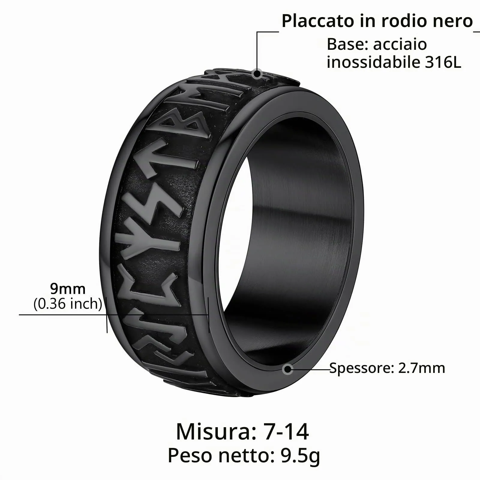 Supcare Anello Antistress Uomo Girevole con Rune Vichinghe, Acciaio Inossidabile, Nero, Misura 32 - immagine 5