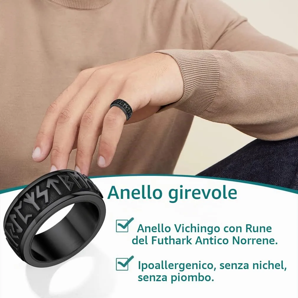 Supcare Anello Antistress Uomo Girevole con Rune Vichinghe, Acciaio Inossidabile, Nero, Misura 32 - immagine 7