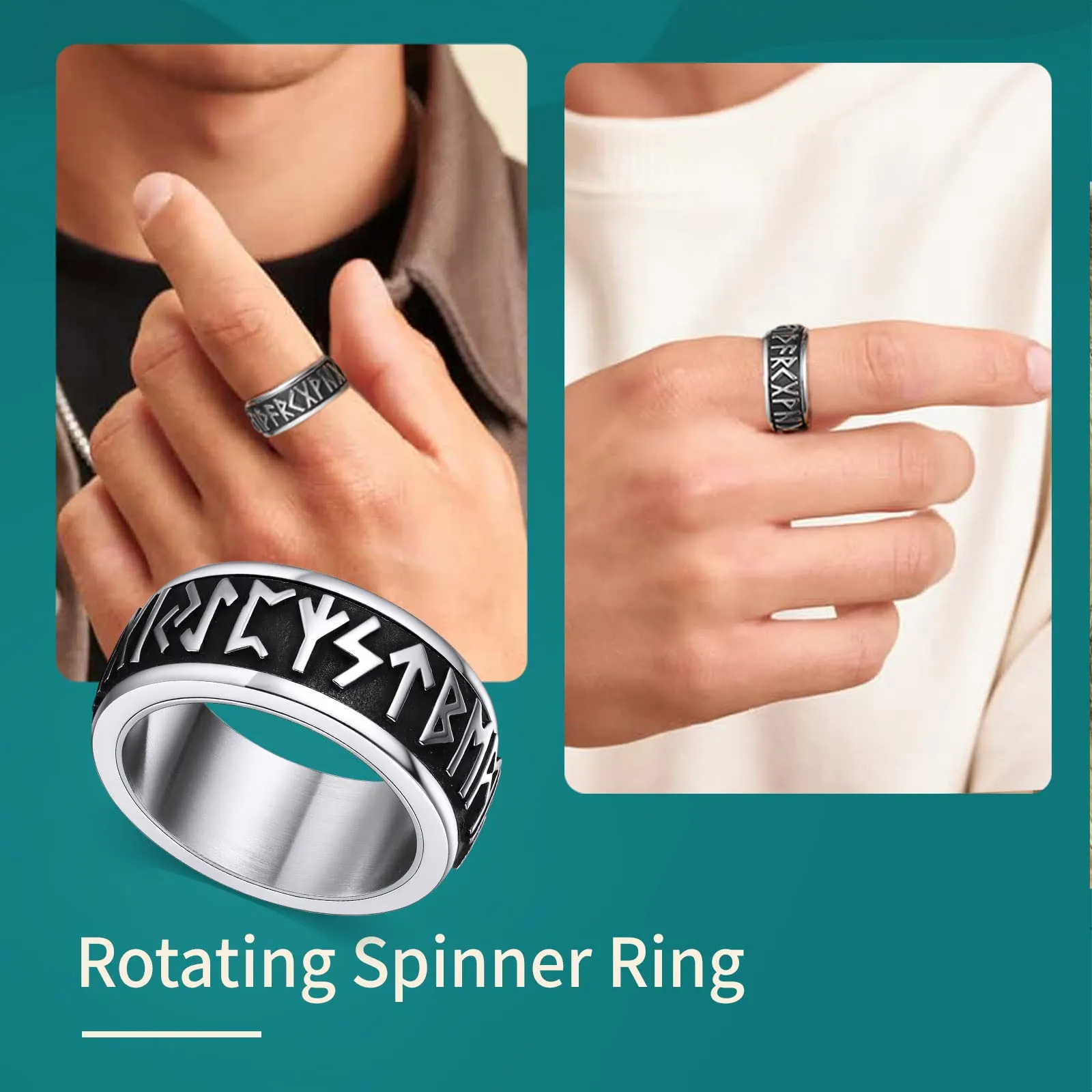 Supcare Anello Antistress Uomo Girevole in Acciaio Argento, Rune Vichinghe, Misura 27,5 (Circonferenza 67.2 mm) - immagine 2