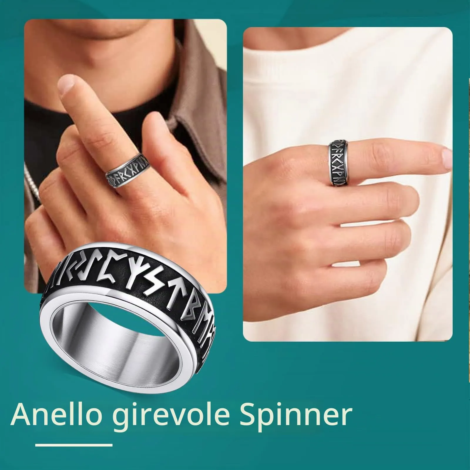 Supcare Anello Antistress Uomo Girevole in Acciaio Argento con Rune Vichinghe, Misura 30 (Circonferenza 69.7 mm) - immagine 2