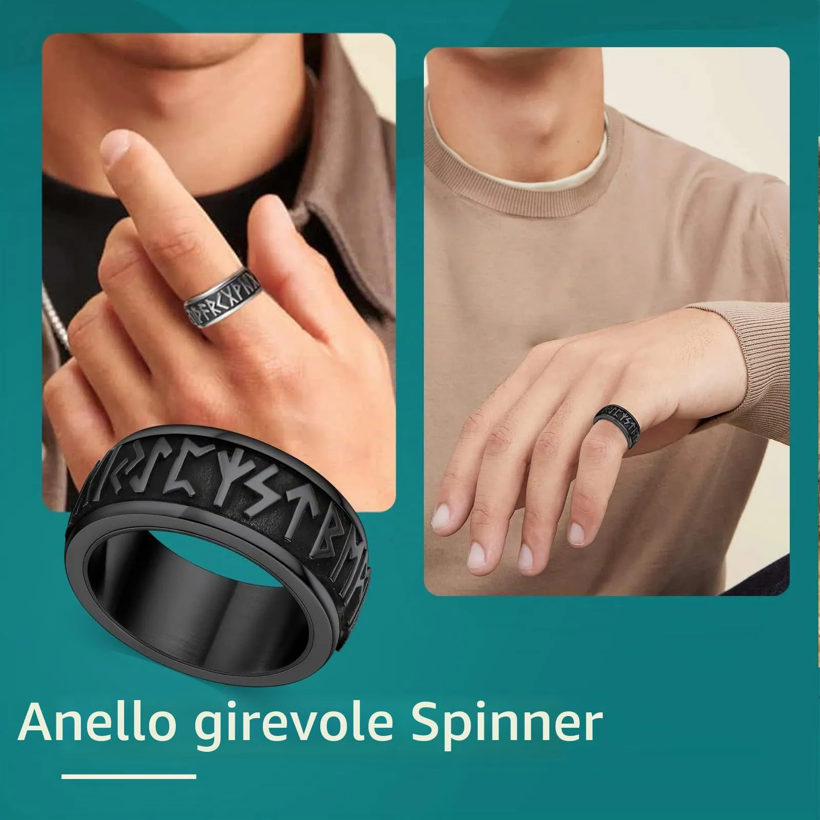 Supcare Anello Antistress Uomo Ruotabile in Acciaio Nero con Rune Vichinghe, Misura 25 (Circonferenza 64.6 mm) - immagine 2