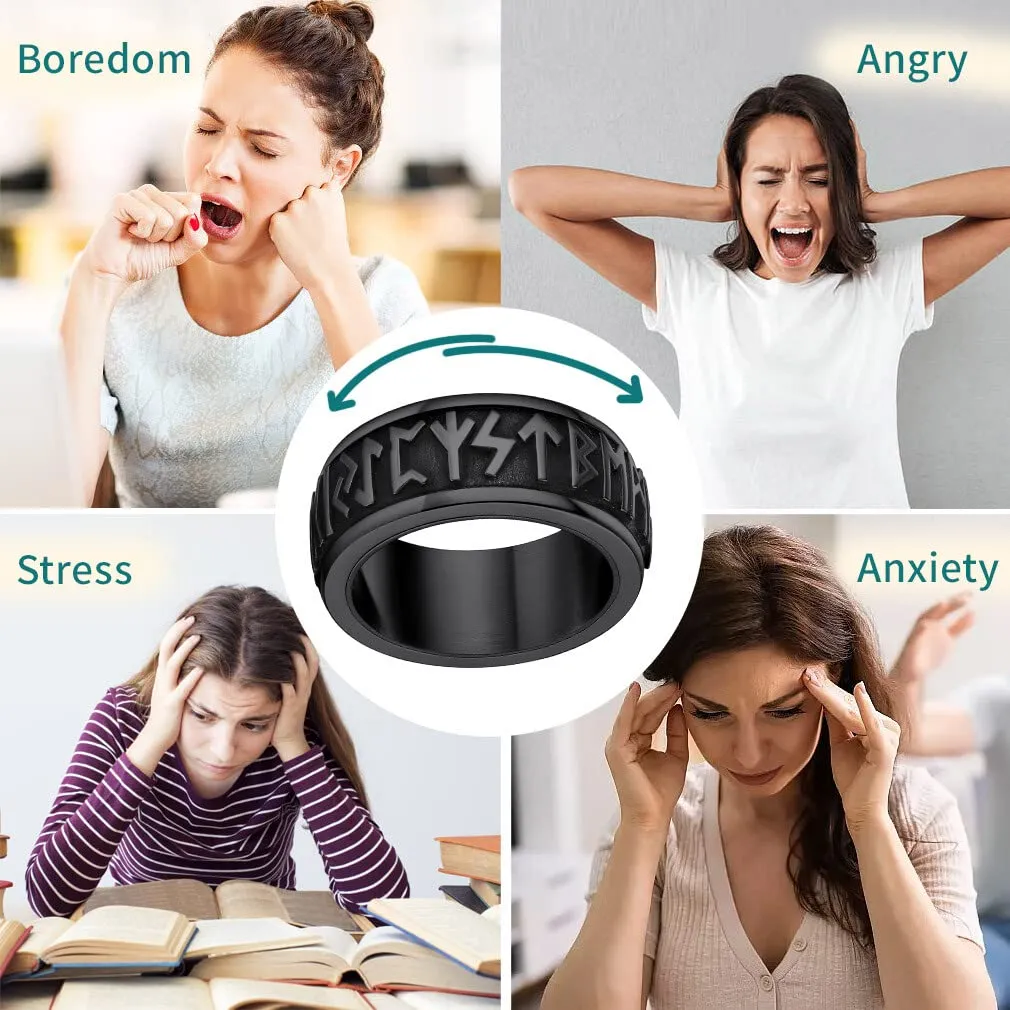 Supcare Anello Antistress Uomo Vichingo Ruotabile in Acciaio Nero, Misura 22,25 (Circonferenza 62.1 mm), con Incisione Rune Vichinghe - immagine 5