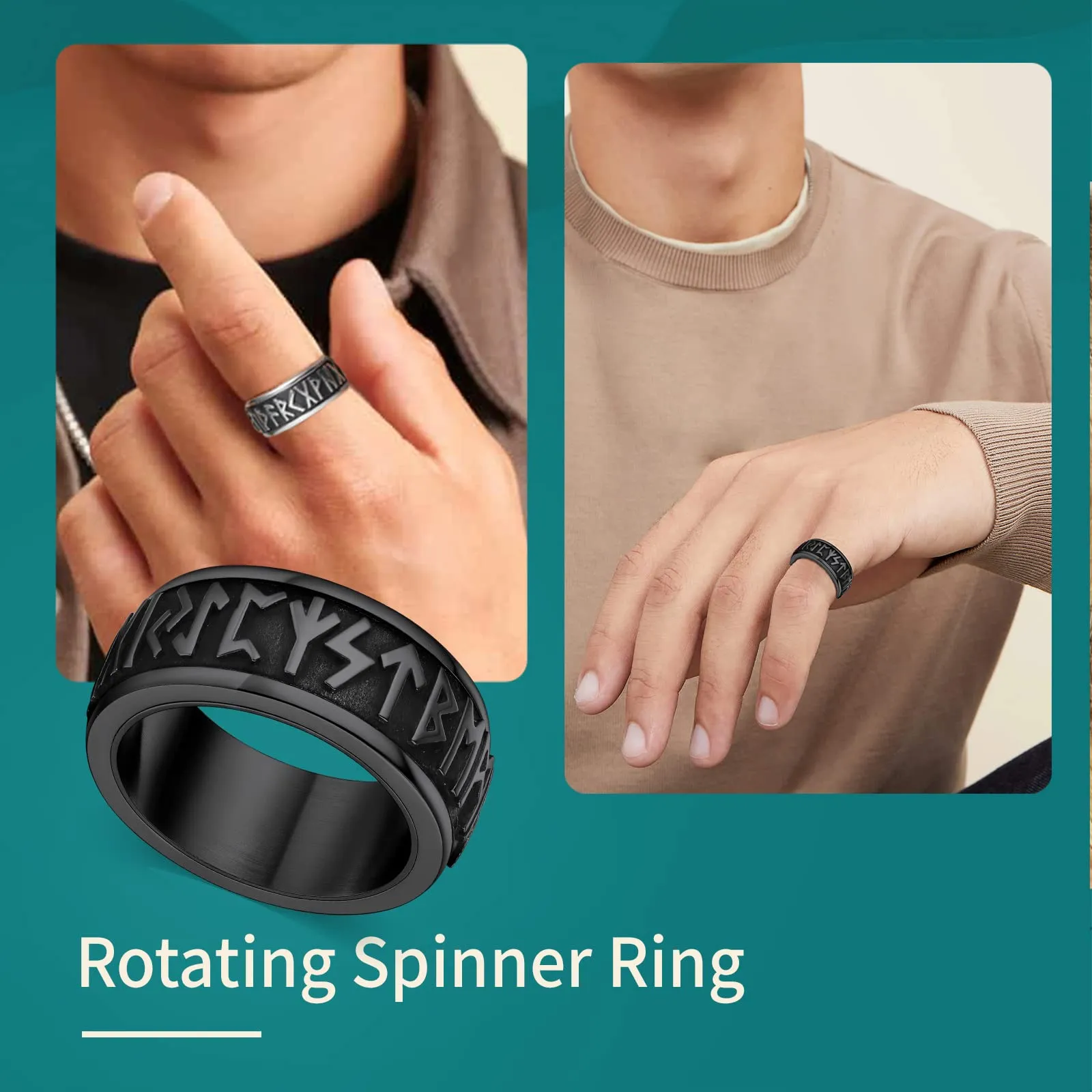 Supcare Anello Antistress Uomo Ruotabile in Acciaio Nero, Rune Vichinghe, Misura 17 Circonferenza 57 mm - immagine 2