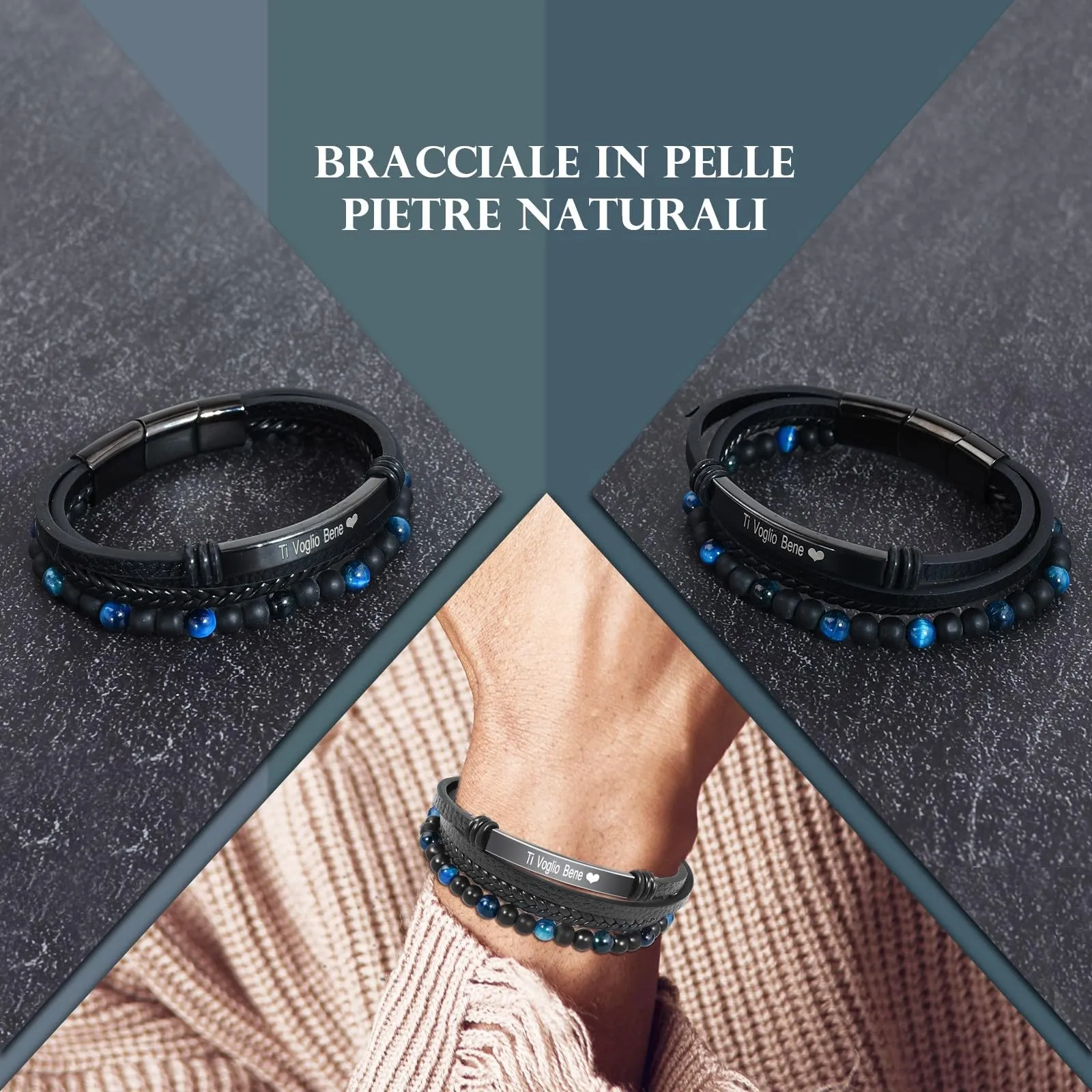 VGWON Bracciale da Uomo in Vera Pelle con Pietre Naturali - immagine 2