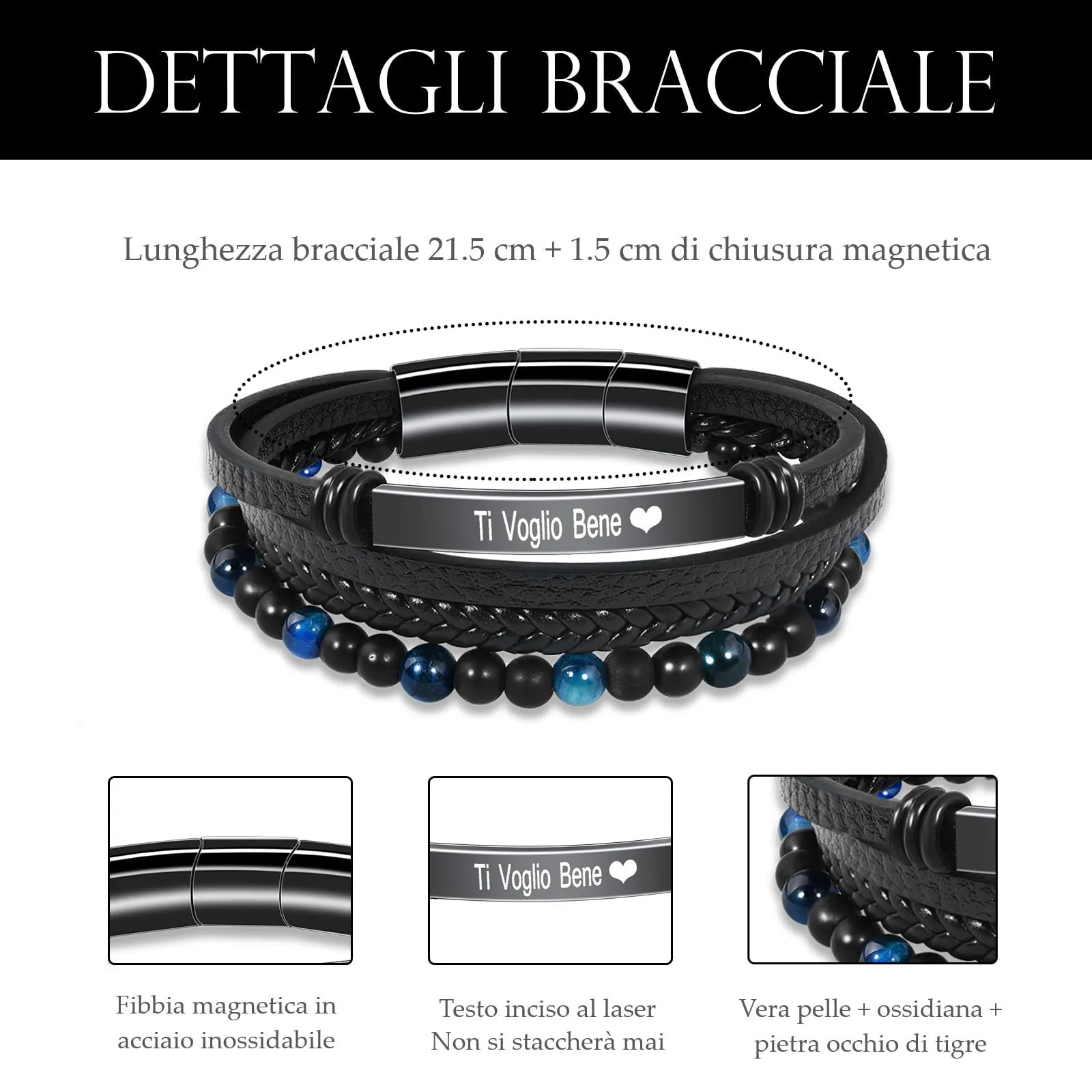 VGWON Bracciale da Uomo in Vera Pelle con Pietre Naturali - immagine 3