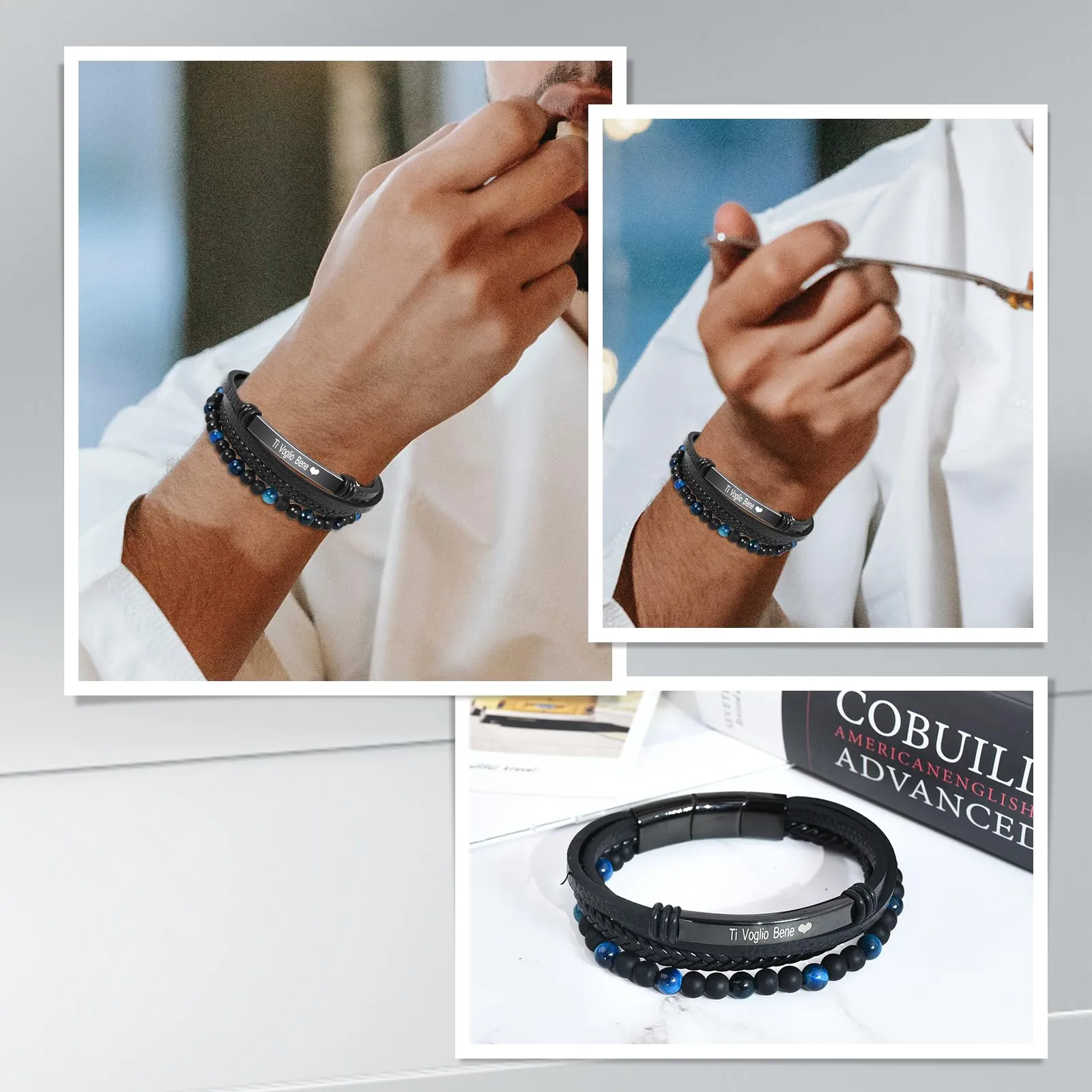 VGWON Bracciale da Uomo in Vera Pelle con Pietre Naturali - immagine 6