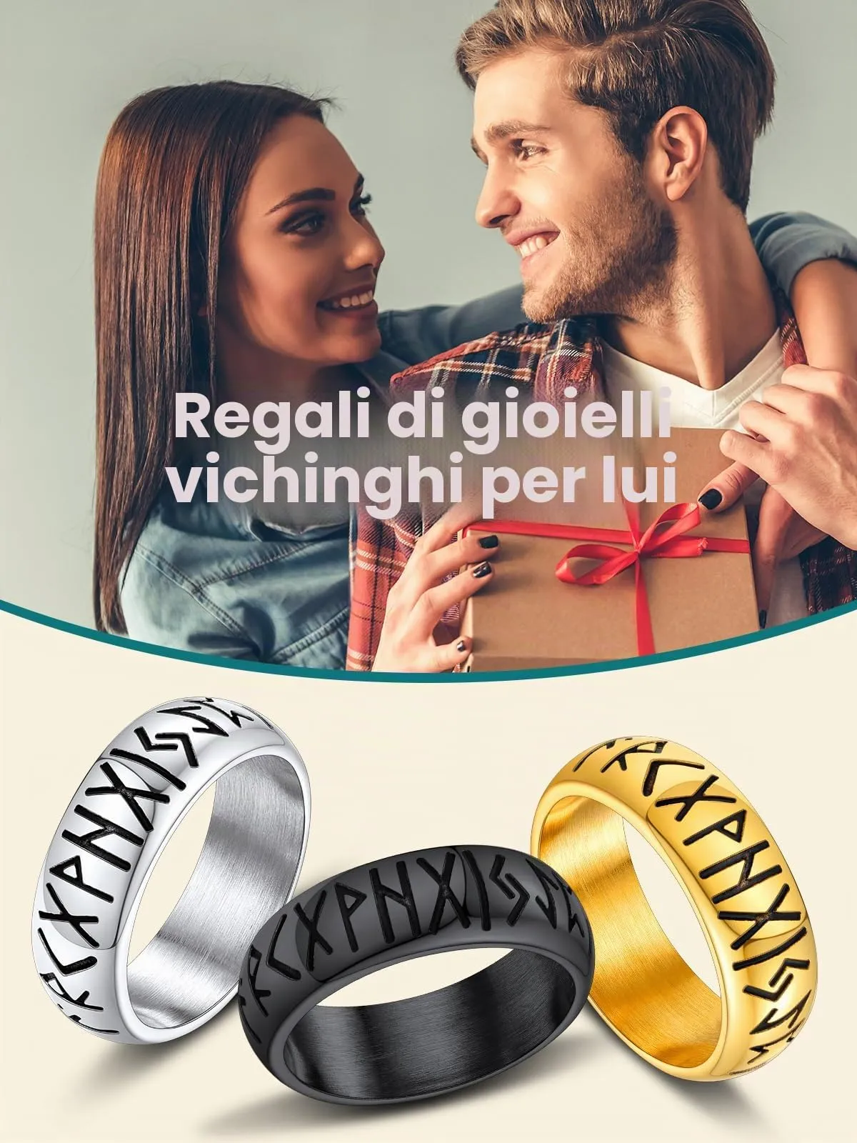 Supcare Anello Antistress Uomo in Acciaio Inossidabile, Anello Vichingo Nero, Misura 14,5 Circonferenza 54.4 mm - immagine 2